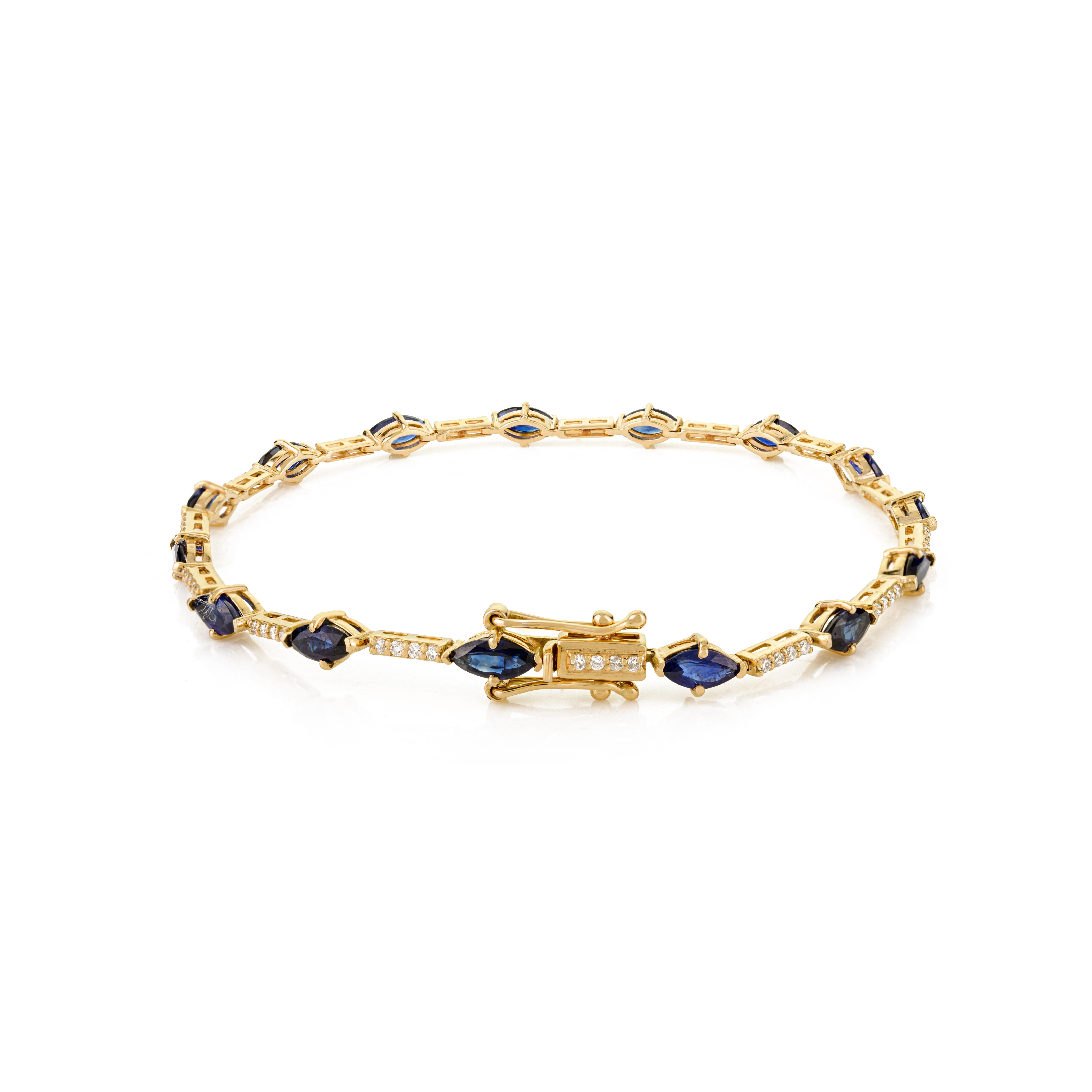 Elegant 14k Solid Yellow Gold Marquise Blue Sapphire & Diamond Tennis Bracelet In New Condition For Sale In New York, NY