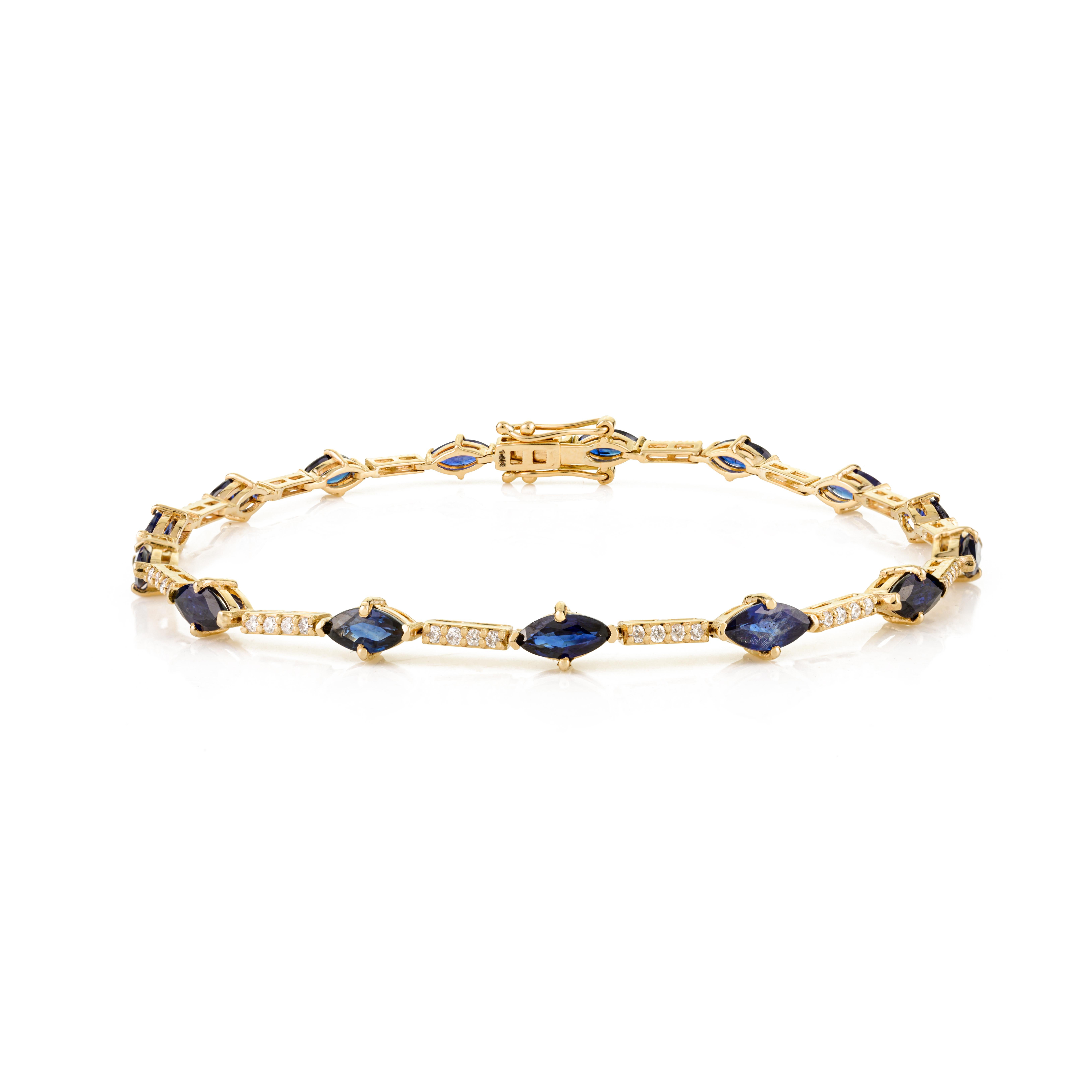 Elegant 14k Solid Yellow Gold Marquise Blue Sapphire & Diamond Tennis Bracelet For Sale 1
