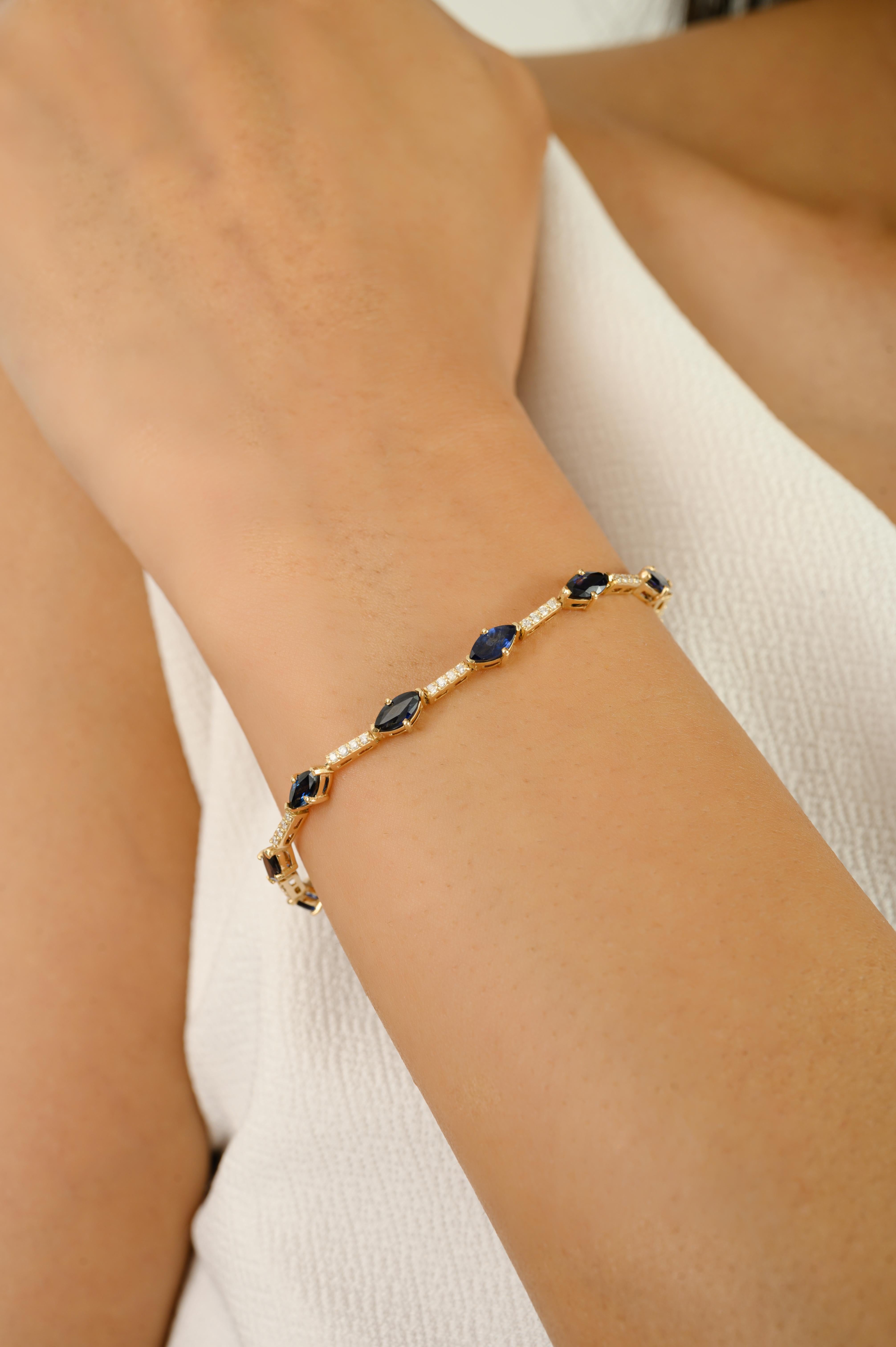 Elegant 14k Solid Yellow Gold Marquise Blue Sapphire & Diamond Tennis Bracelet For Sale 2