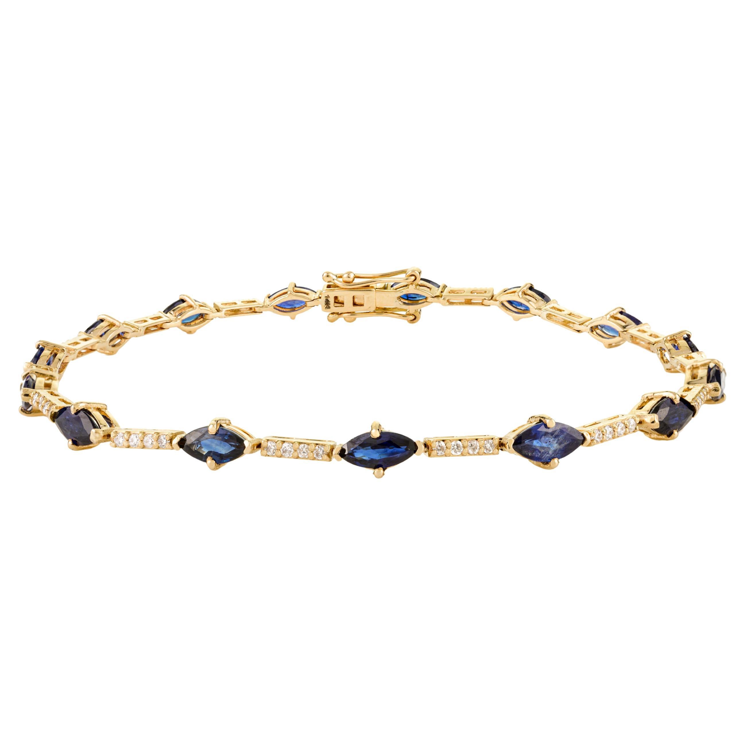 Elegant 14k Solid Yellow Gold Marquise Blue Sapphire & Diamond Tennis Bracelet For Sale