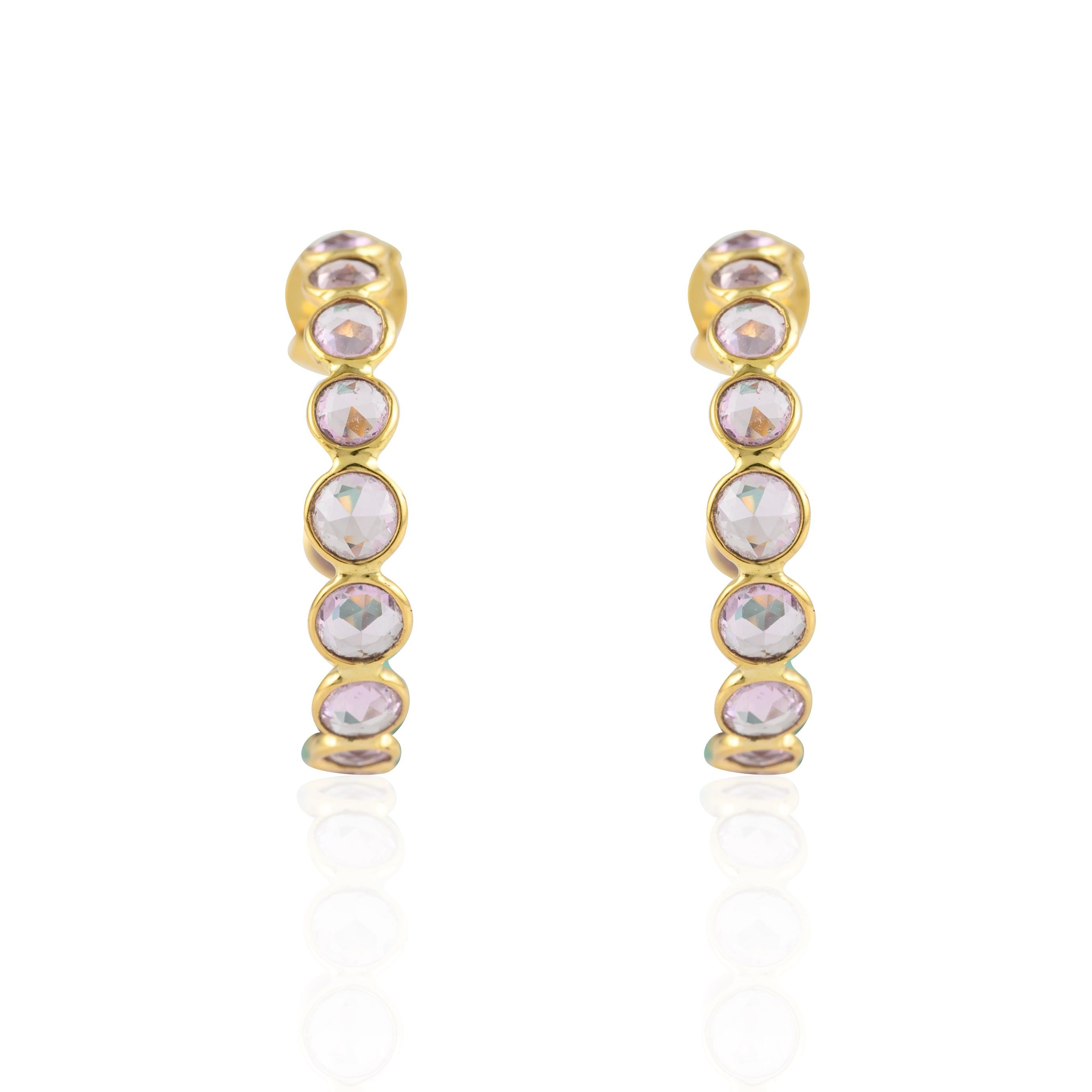 Modern Elegant 14k Solid Yellow Gold Pink Sapphire C-Hoop Earrings for Her For Sale