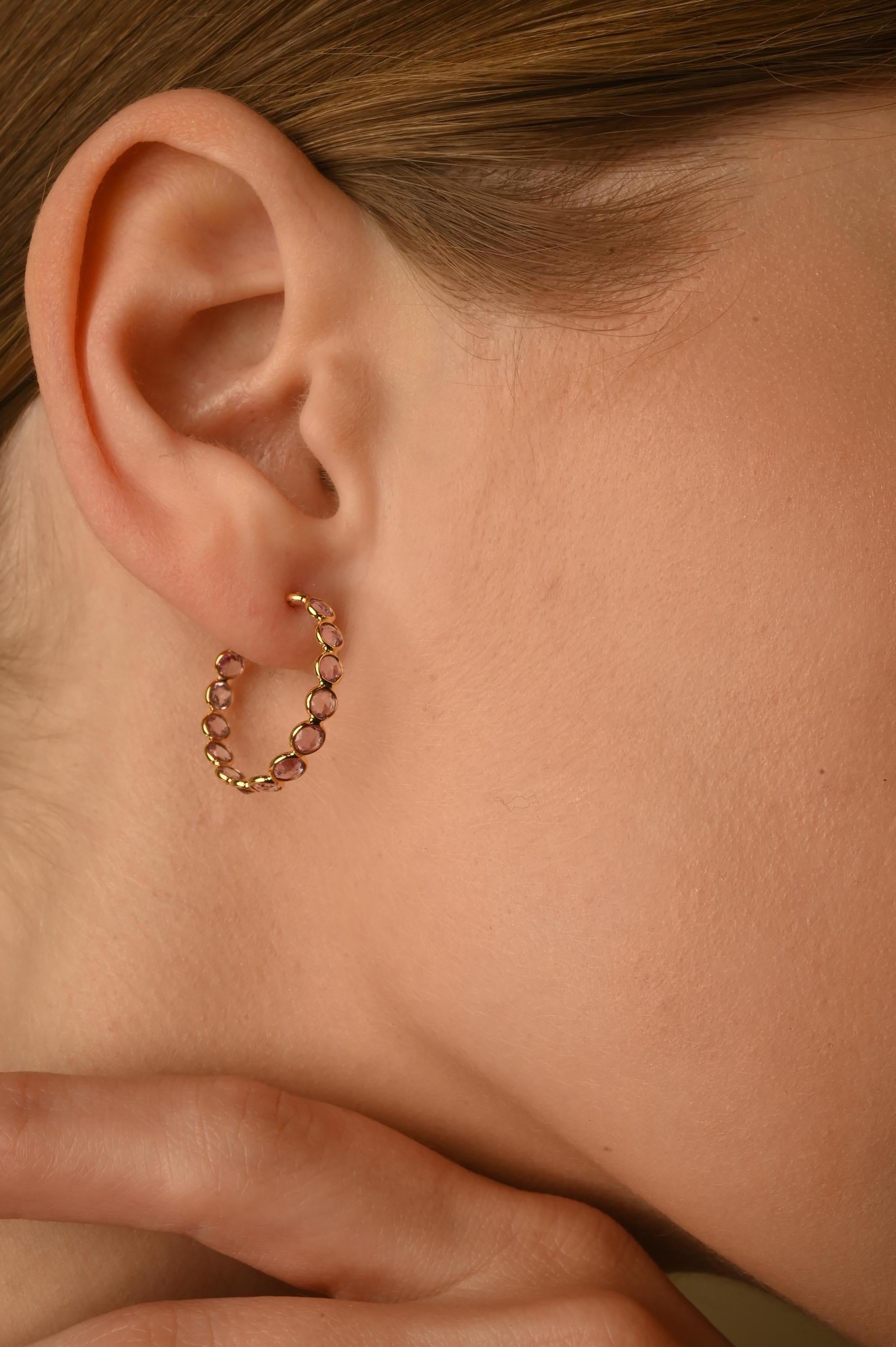 Elegant 14k Solid Yellow Gold Pink Sapphire C-Hoop Earrings for Her For Sale 1