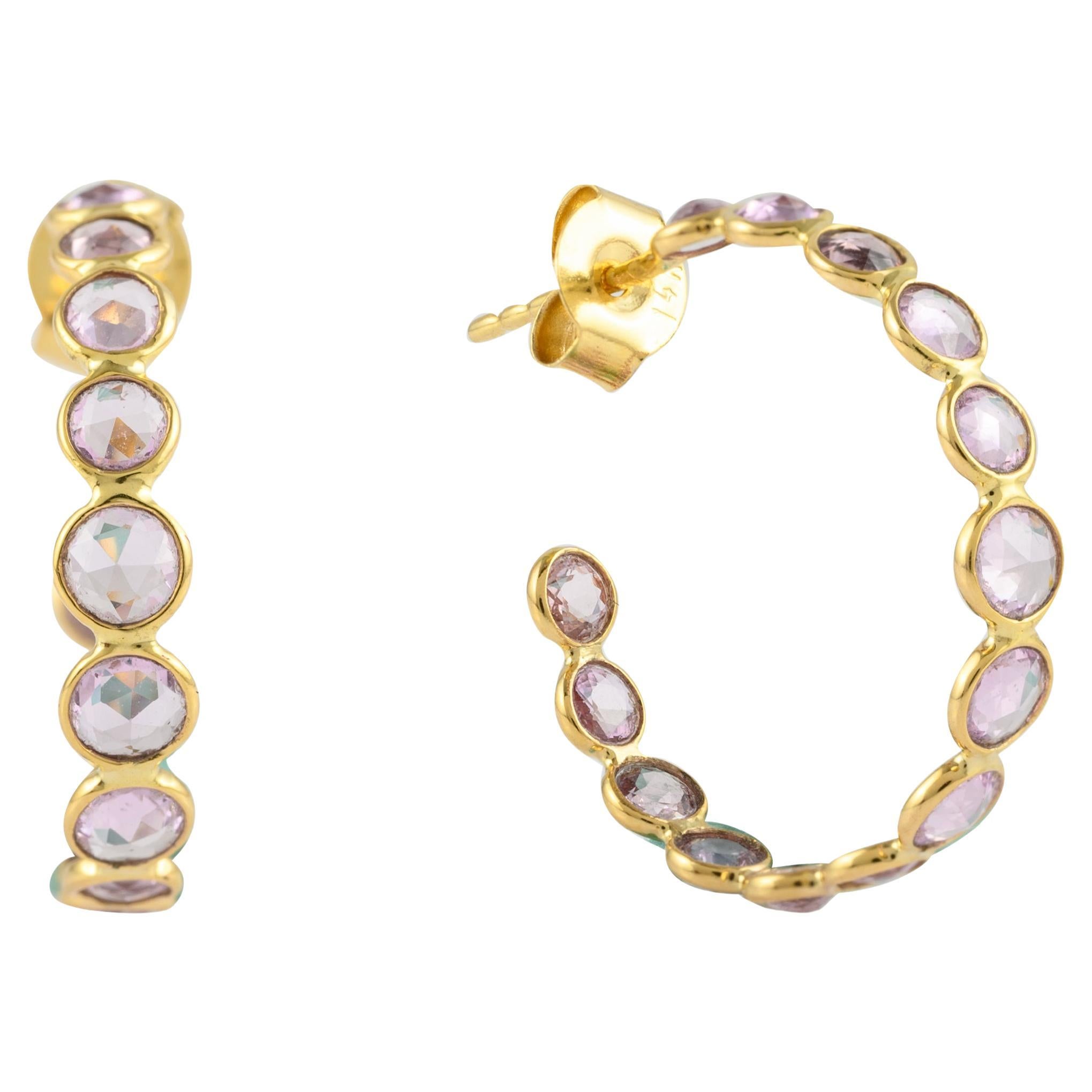 Elegant 14k Solid Yellow Gold Pink Sapphire C-Hoop Earrings for Her For Sale