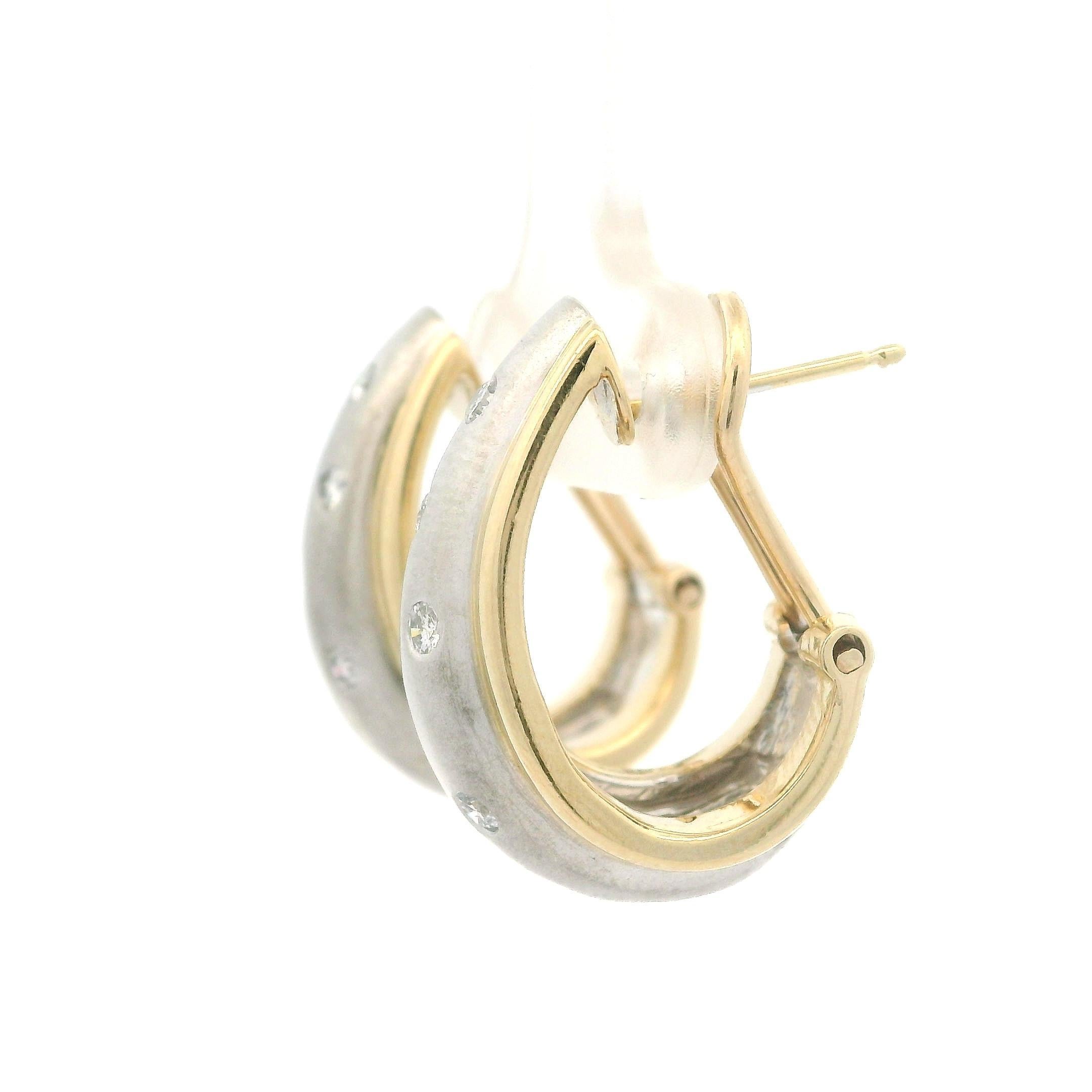 Women's Elegant 14k Two Tone Gold 0.28ctw Diamond Matte Finish Cuff Omega Earrings For Sale