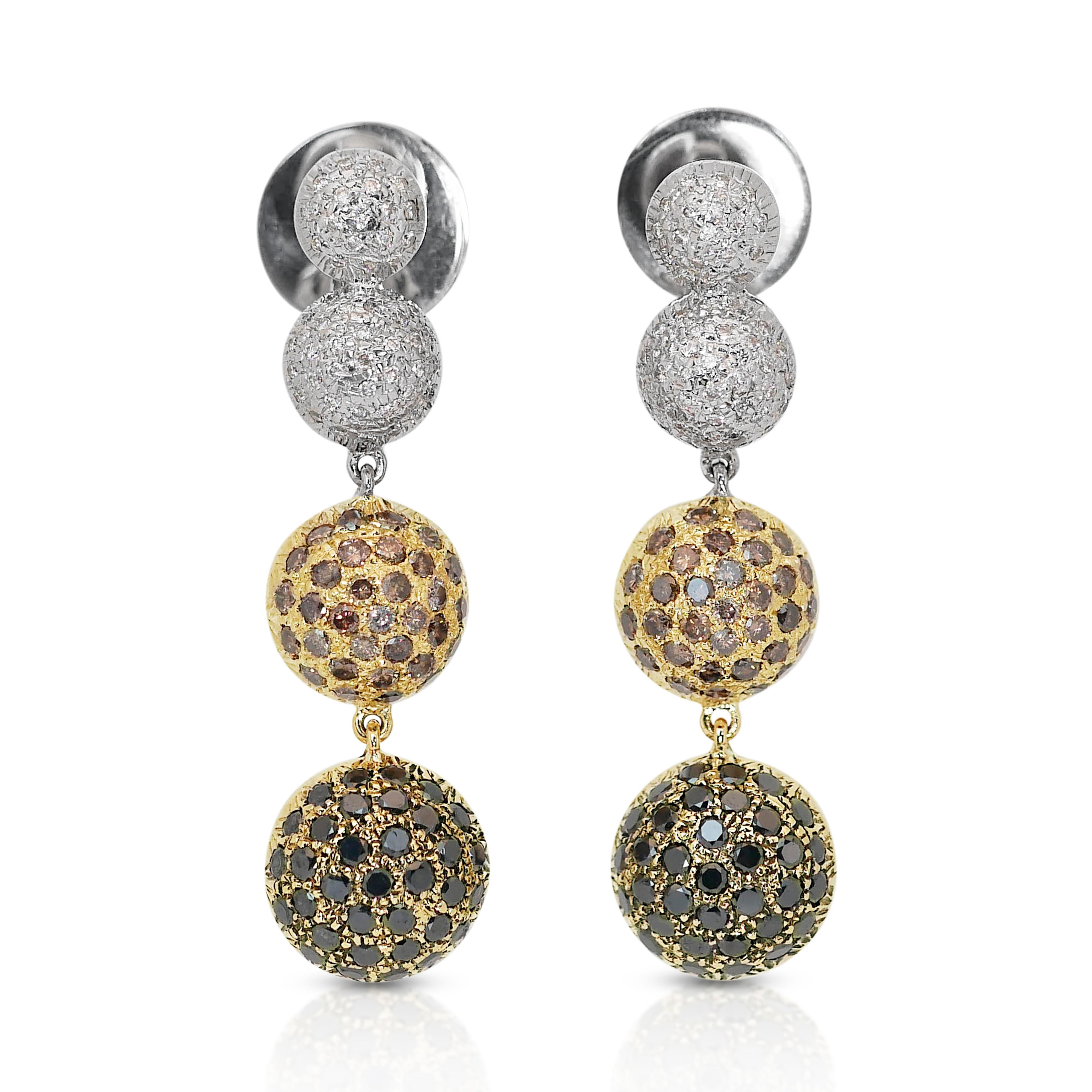 This stunning drop earrings showcases a round brilliant-cut main stone weighing 1.28 carats, featuring a striking black color. The clarity of the main stone is described as semi-translucent to opaque, adding a unique and mysterious allure to the