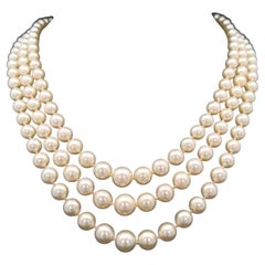 Elegant 14k White Gold 3 Strand Graduated Pearl Necklace w/ Diamond Clasp