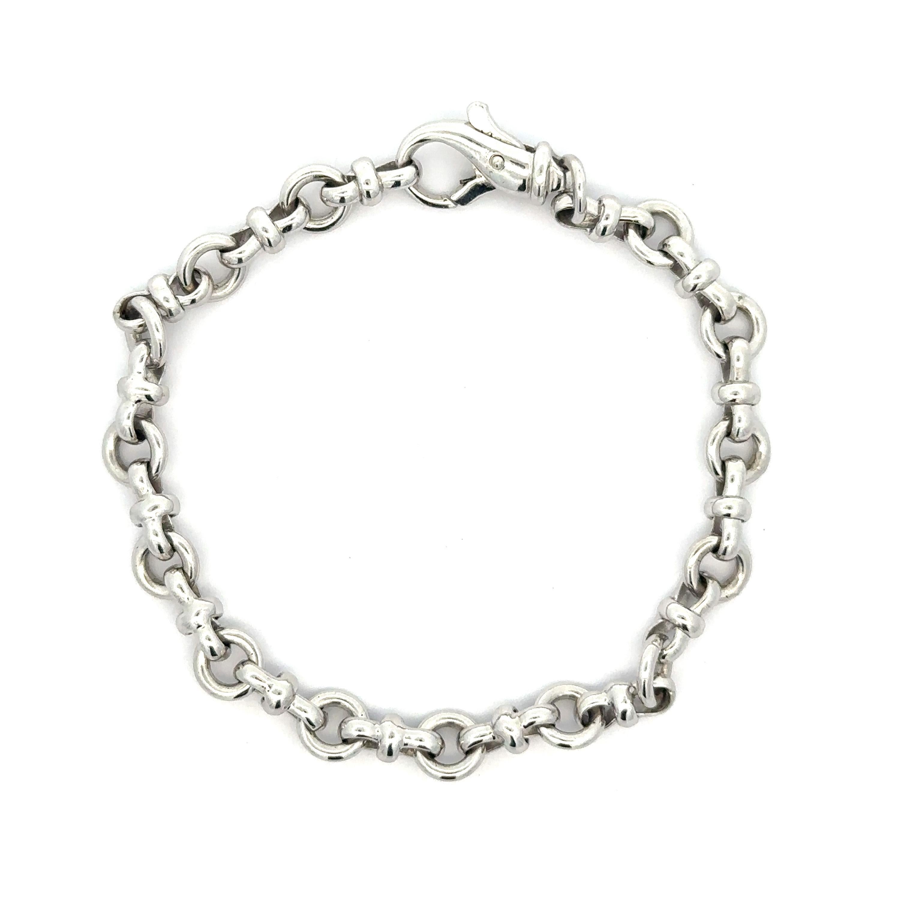 Women's Elegant 14k White Gold 6.4mm Open Circle Link Solid Stackable Bracelet For Sale