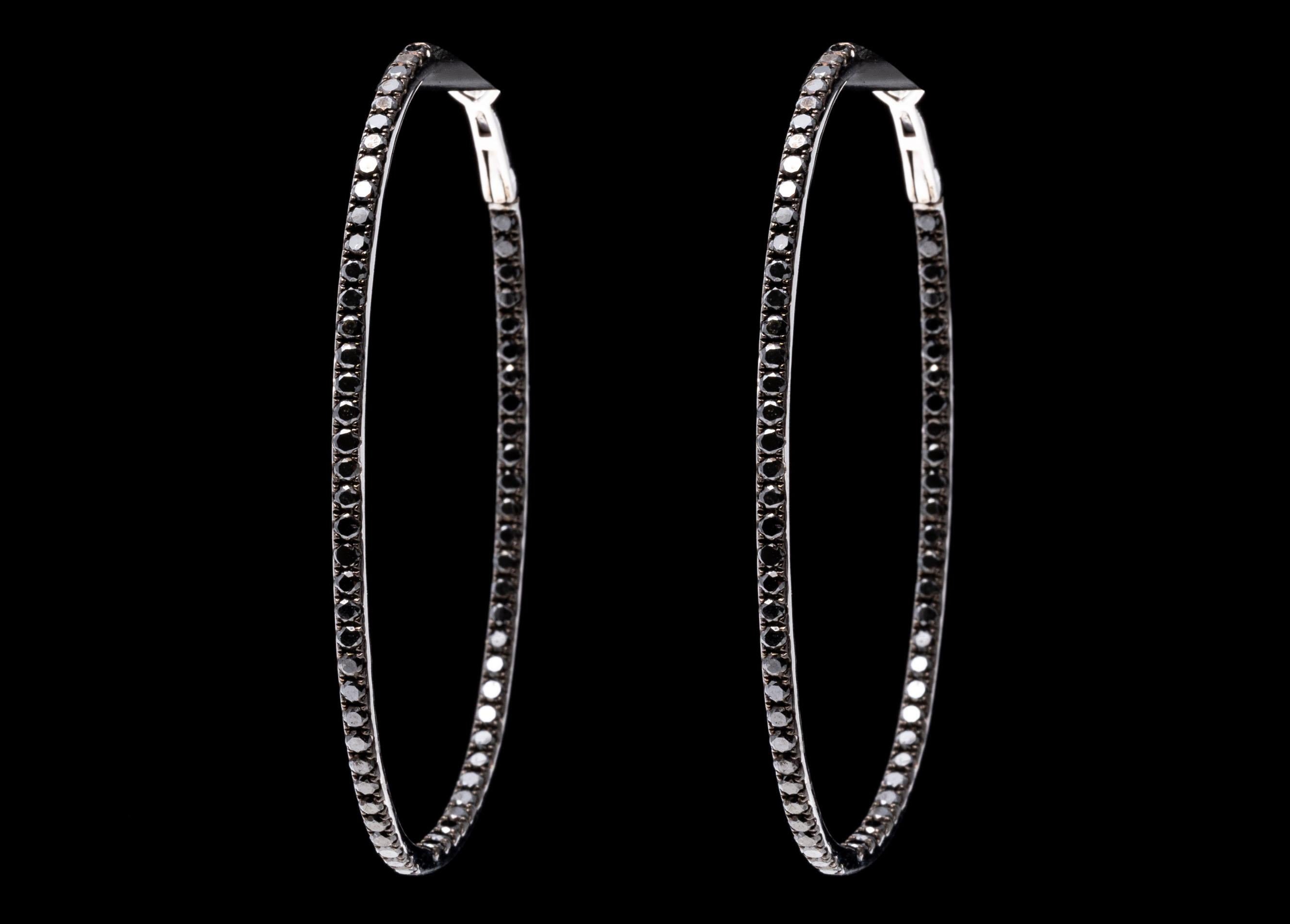 Elegant 14K White Gold and Black Diamond Elongated Hoop Earrings For Sale 1