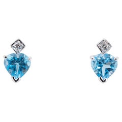 Elegant 14k White Gold Blue Earrings with 0.02 Ct Natural Topaz and Diamonds