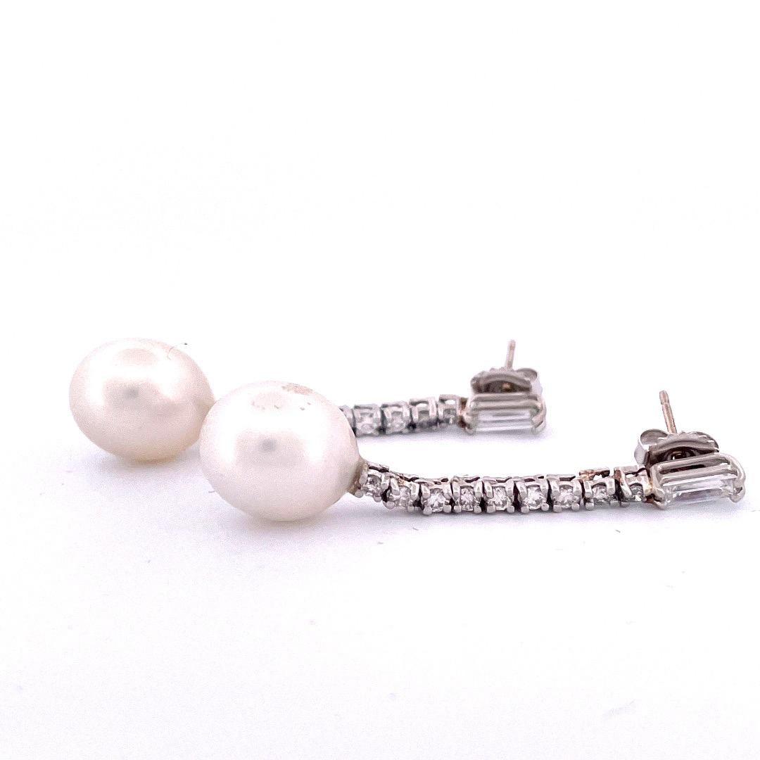 Baguette Cut Elegant 14k White Gold Diamond and Pearl Dangle Earrings For Sale