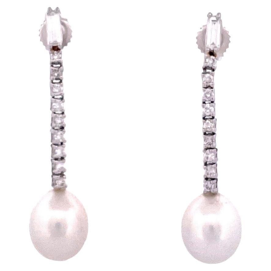 Elegant 14k White Gold Diamond and Pearl Dangle Earrings For Sale