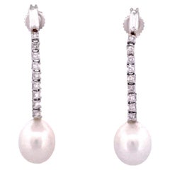 Elegant 14k White Gold Diamond and Pearl Dangle Earrings