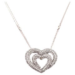 Elegant 14K White Gold Diamond Pave Double Heart Necklace