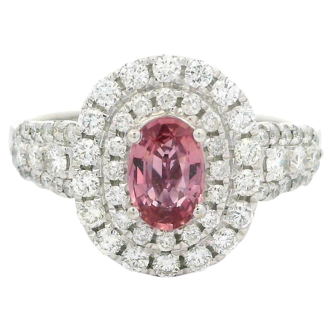 Elegant 14k White Gold GIA 2.3ctw Pink Sapphire & Double Halo Diamond Ring