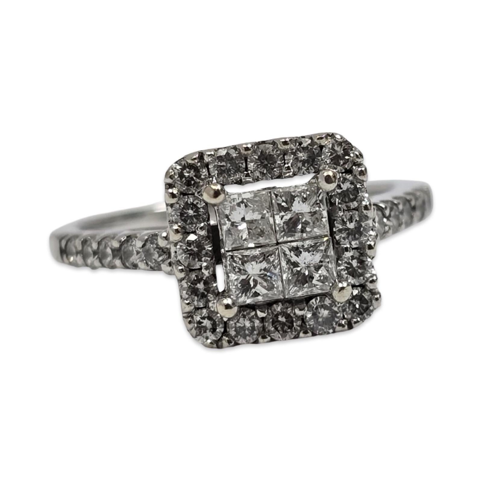 Princess Cut Elegant 14K White Gold Halo Ring with Princess & Round Diamonds – 1.01 tcw For Sale