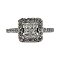 Eleganter 14K Weißgold Halo-Ring mit Prinzessinnen und runden Diamanten - 1,01 tcw