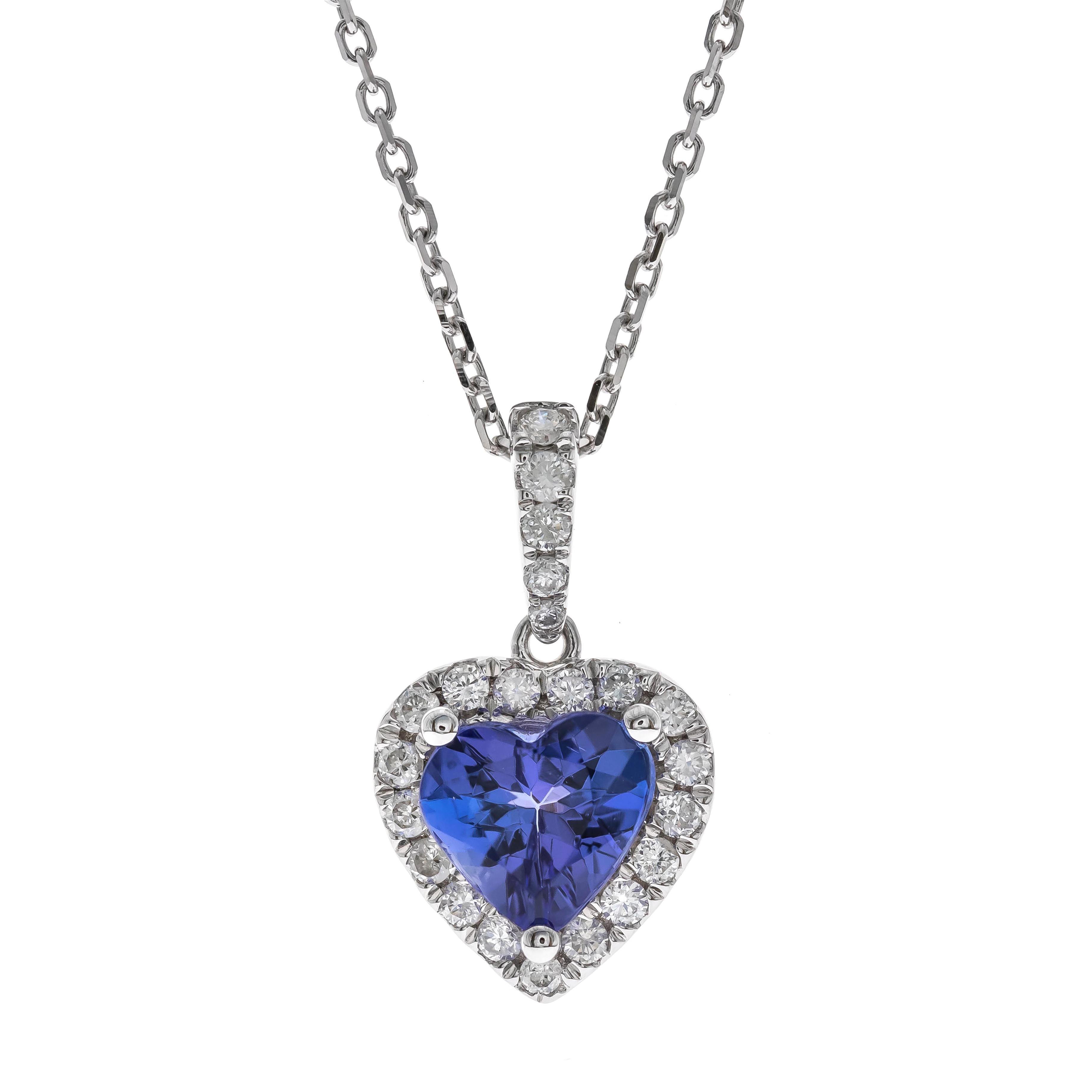 Cuore Elegante ciondolo a forma di cuore in oro bianco 14K con tanzanite e diamante e catena in vendita