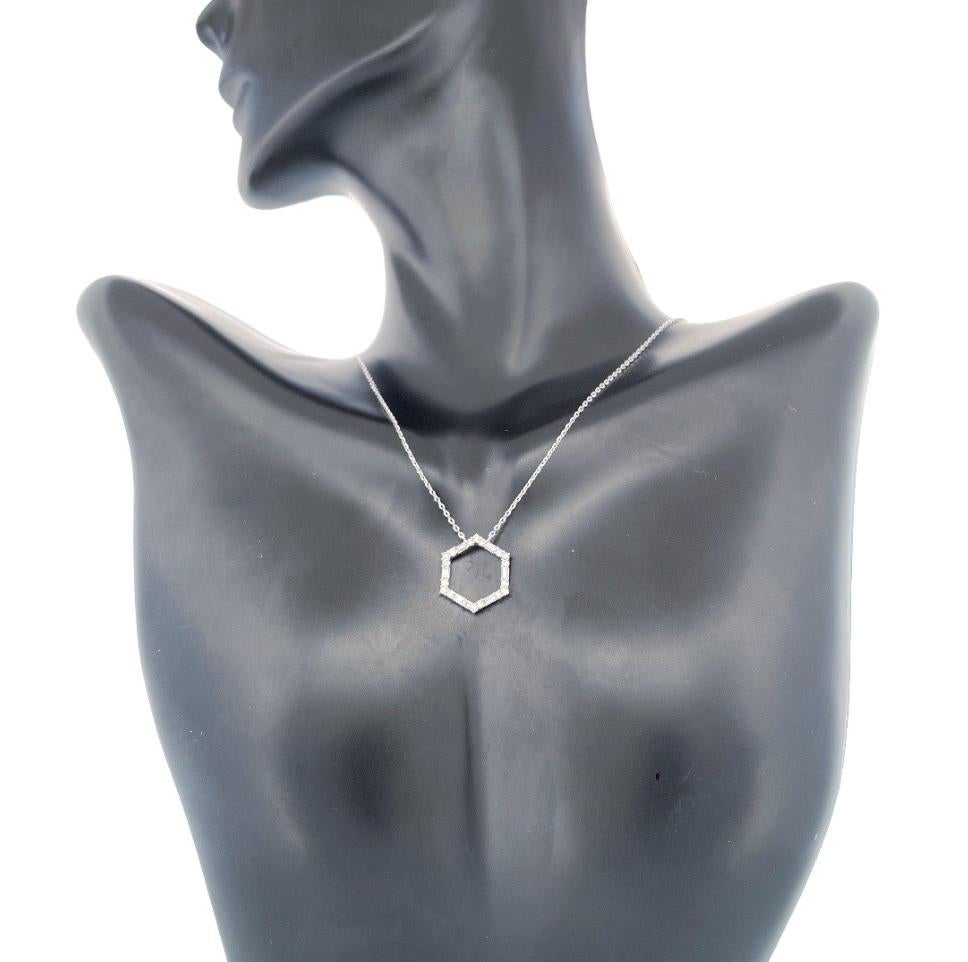 Mixed Cut Elegant 14k White Gold Hexagonal Diamond Pendant Necklace For Sale