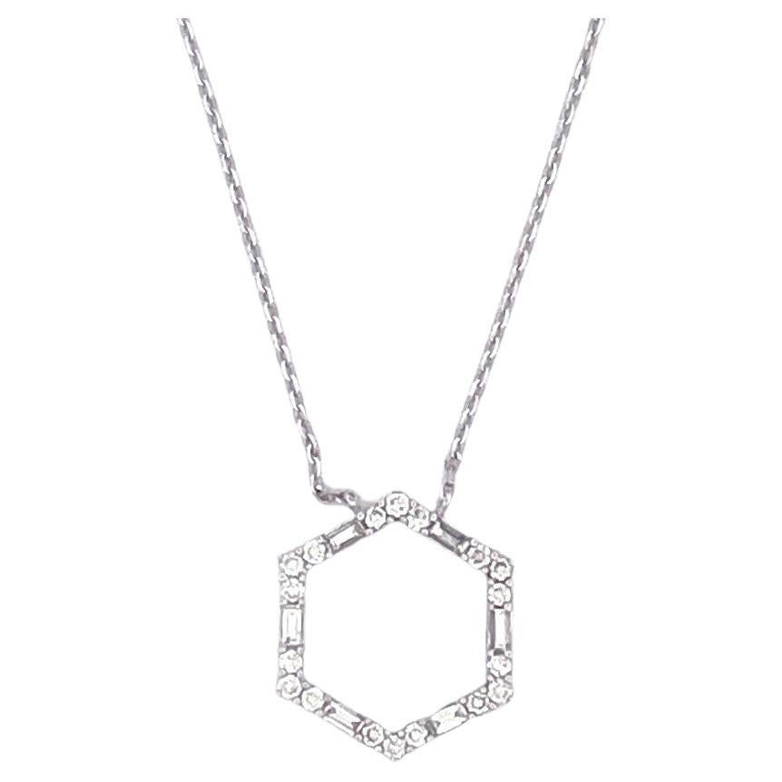 Elegant 14k White Gold Hexagonal Diamond Pendant Necklace For Sale