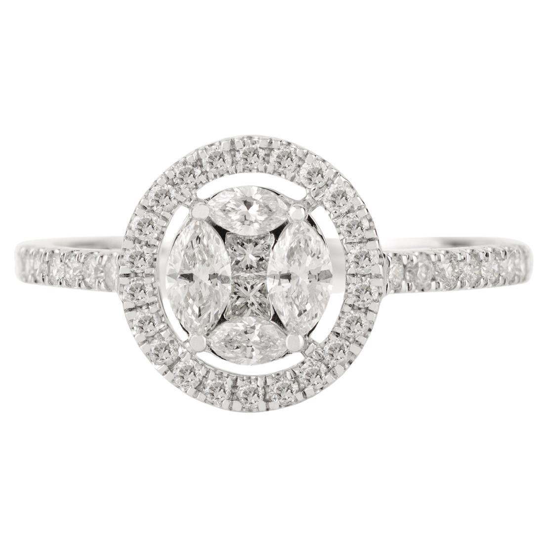 Eleganza dell'anello di fidanzamento aureolato con diamante rotondo in oro bianco 14k Regalo di Natale per lei