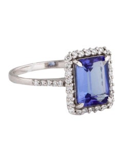 Elegant 14K White Gold Tanzanite & Diamond Cocktail Ring, Rectangular Step Cut
