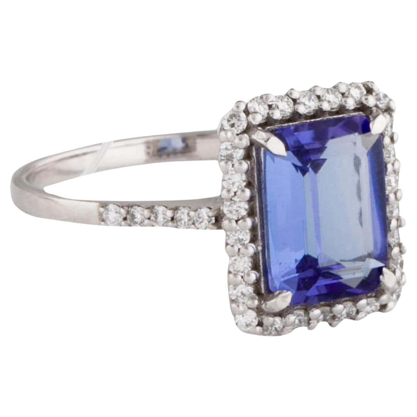 Elegant 14K White Gold Tanzanite and Diamond Cocktail Ring, Rectangular ...