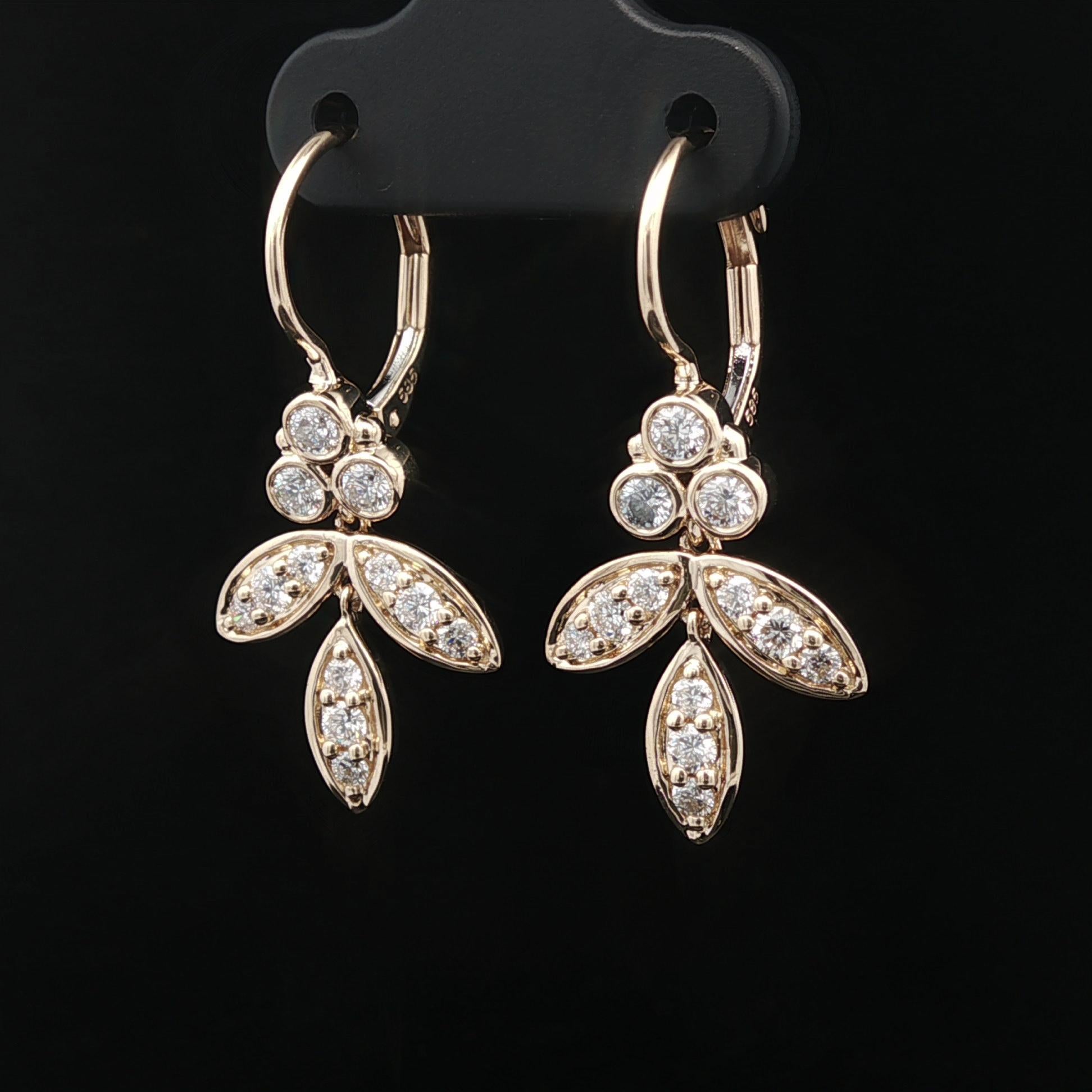 Elegante 14k Gelbgold 0,90ctw Diamond Floral Leaf Dangle Drop Ohrringe im Angebot 6