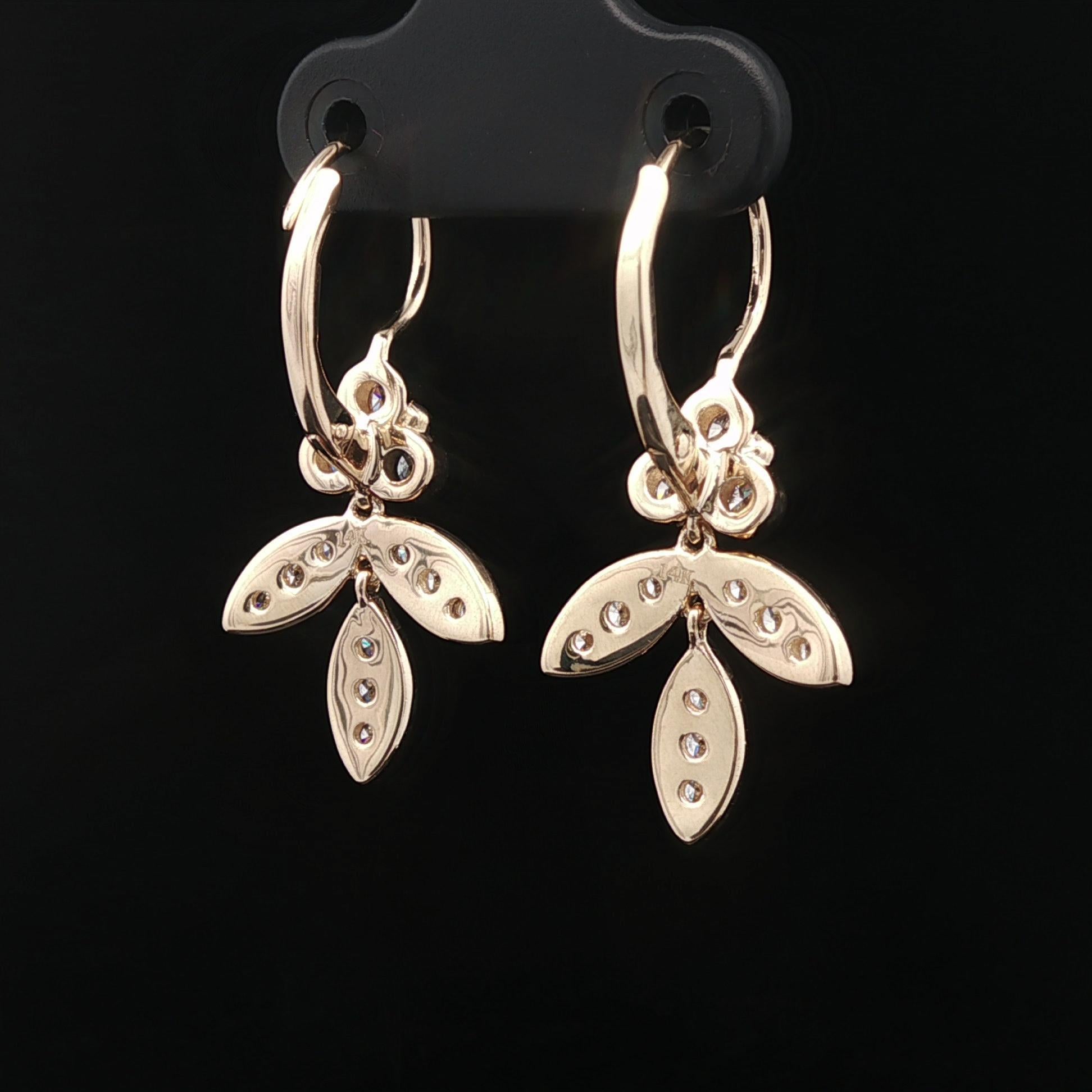 Elegante 14k Gelbgold 0,90ctw Diamond Floral Leaf Dangle Drop Ohrringe im Angebot 8