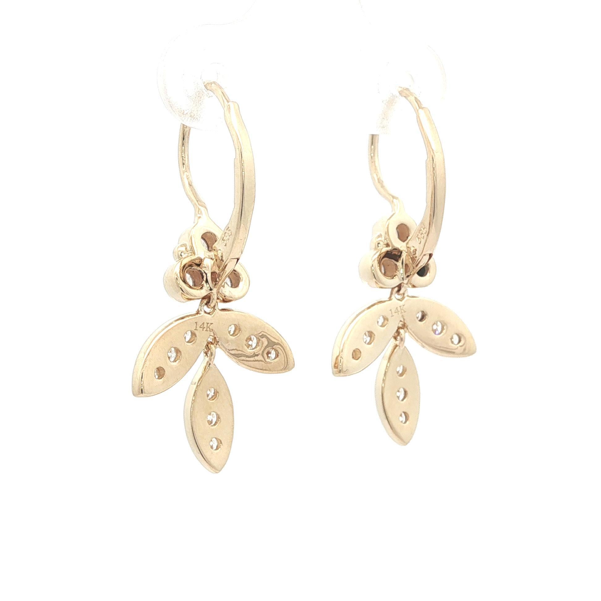 Elegante 14k Gelbgold 0,90ctw Diamond Floral Leaf Dangle Drop Ohrringe (Brillantschliff) im Angebot