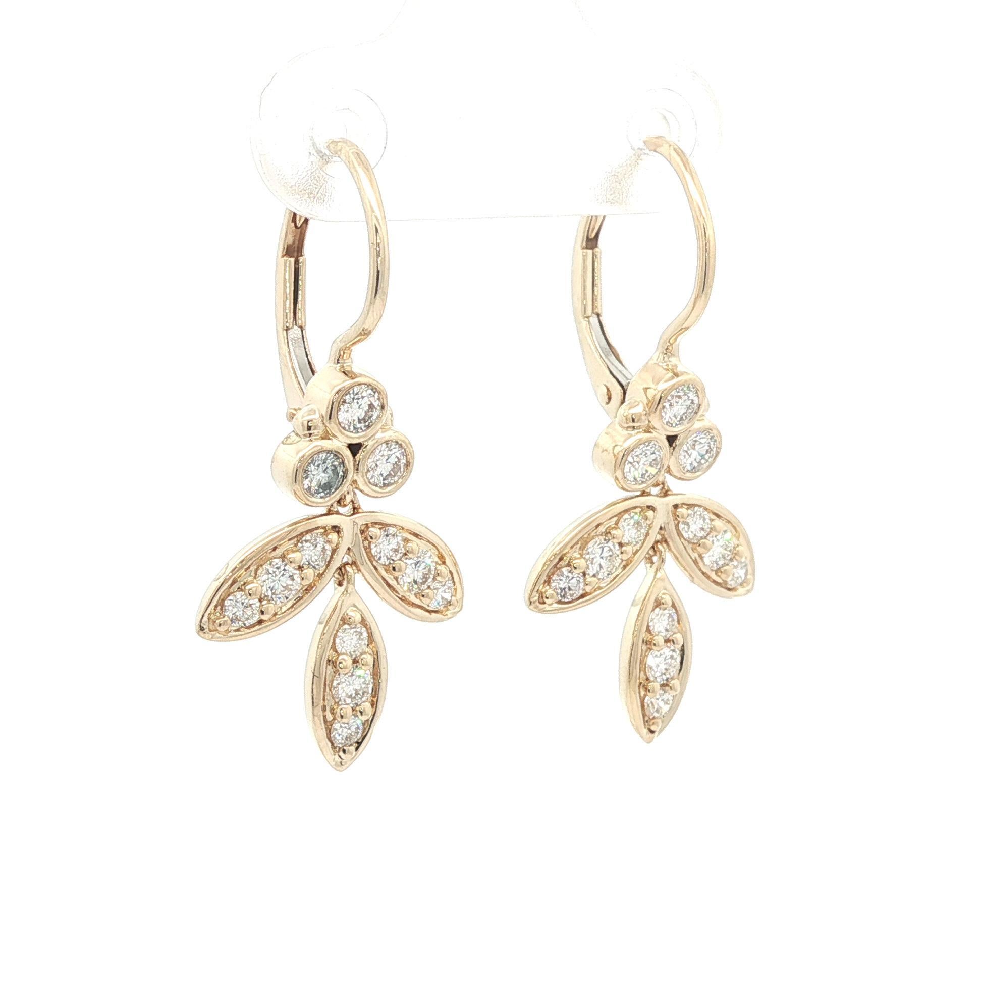 Elegante 14k Gelbgold 0,90ctw Diamond Floral Leaf Dangle Drop Ohrringe Damen im Angebot