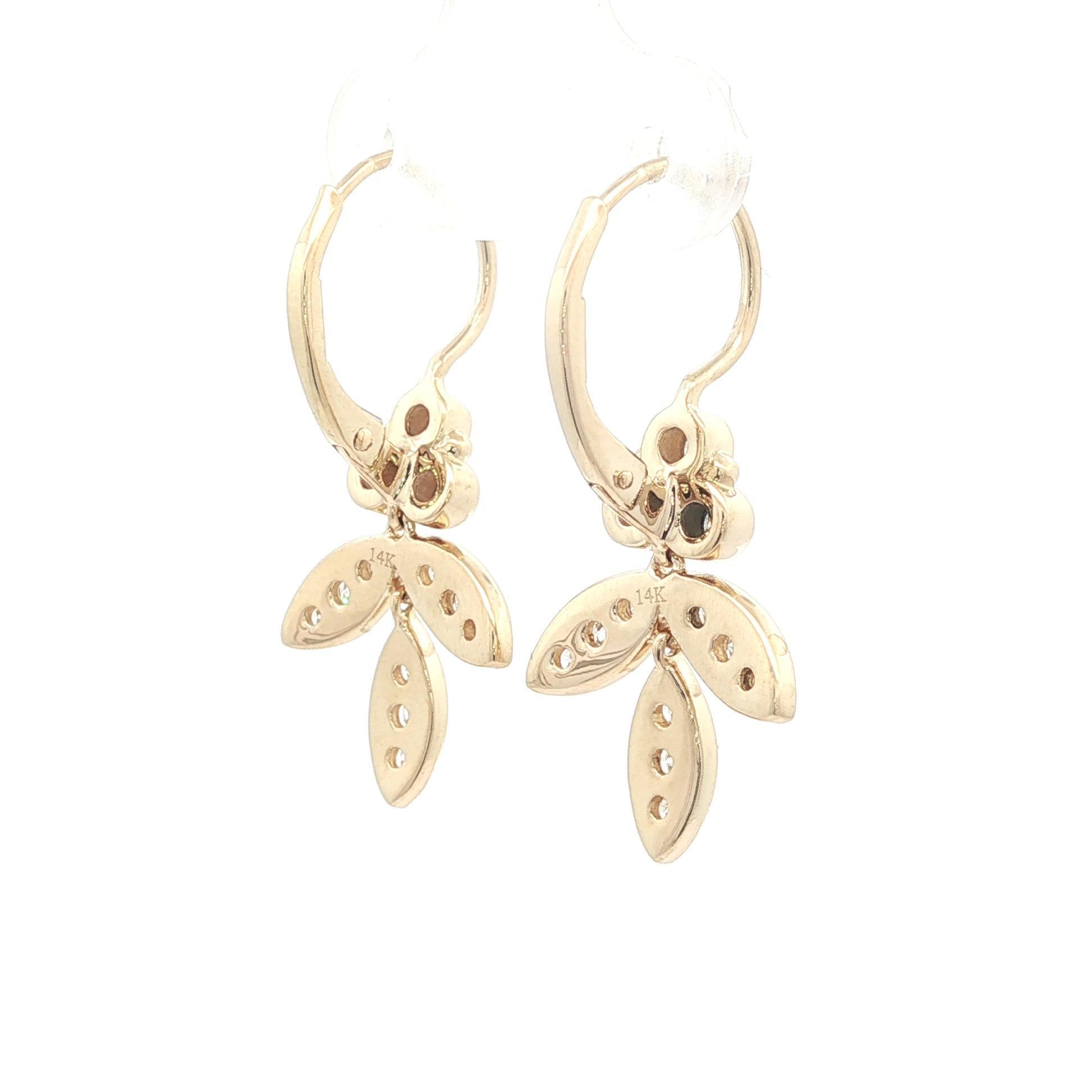 Elegante 14k Gelbgold 0,90ctw Diamond Floral Leaf Dangle Drop Ohrringe im Angebot 1