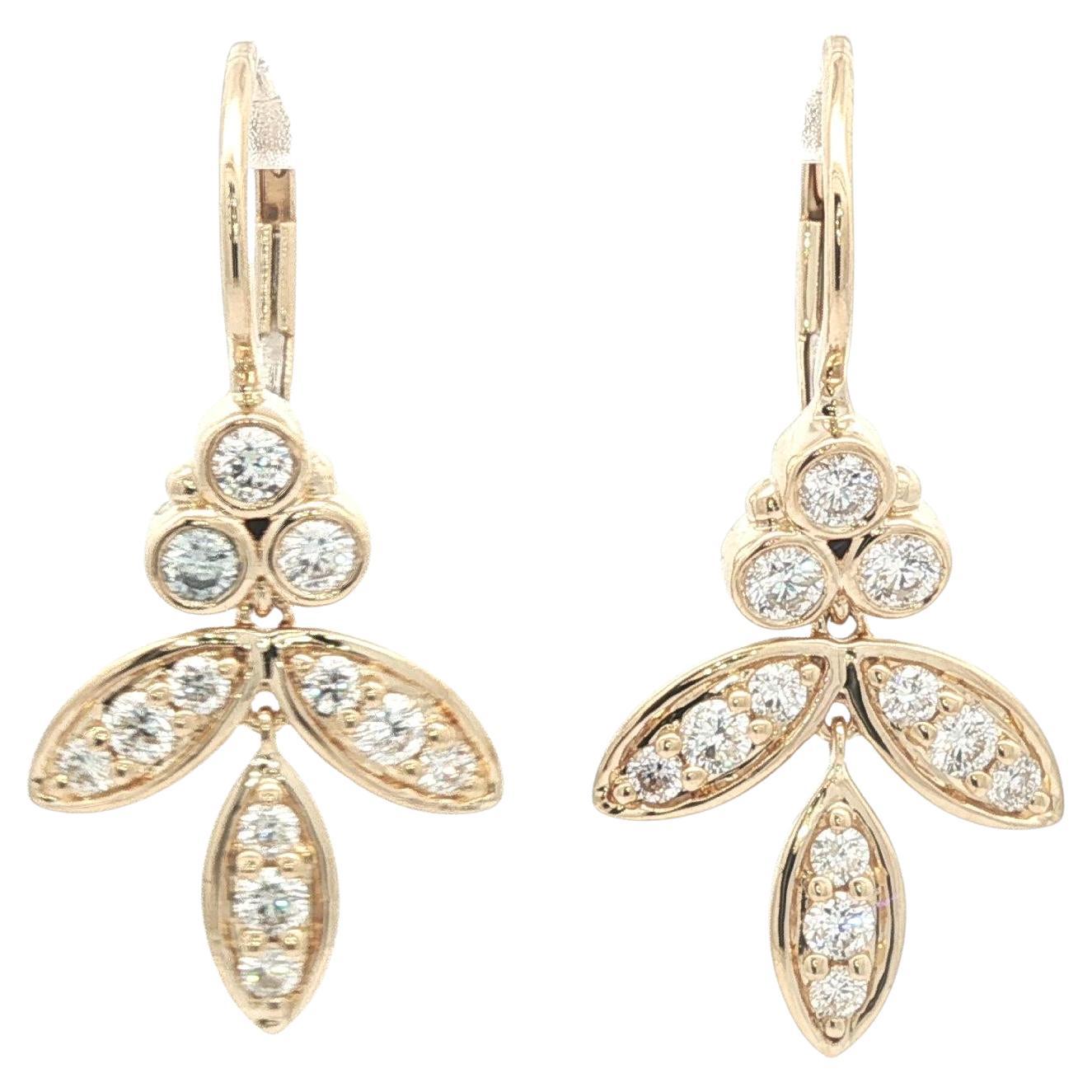 Elegant 14k Yellow Gold 0.90ctw Diamond Floral Leaf Dangle Drop Earrings