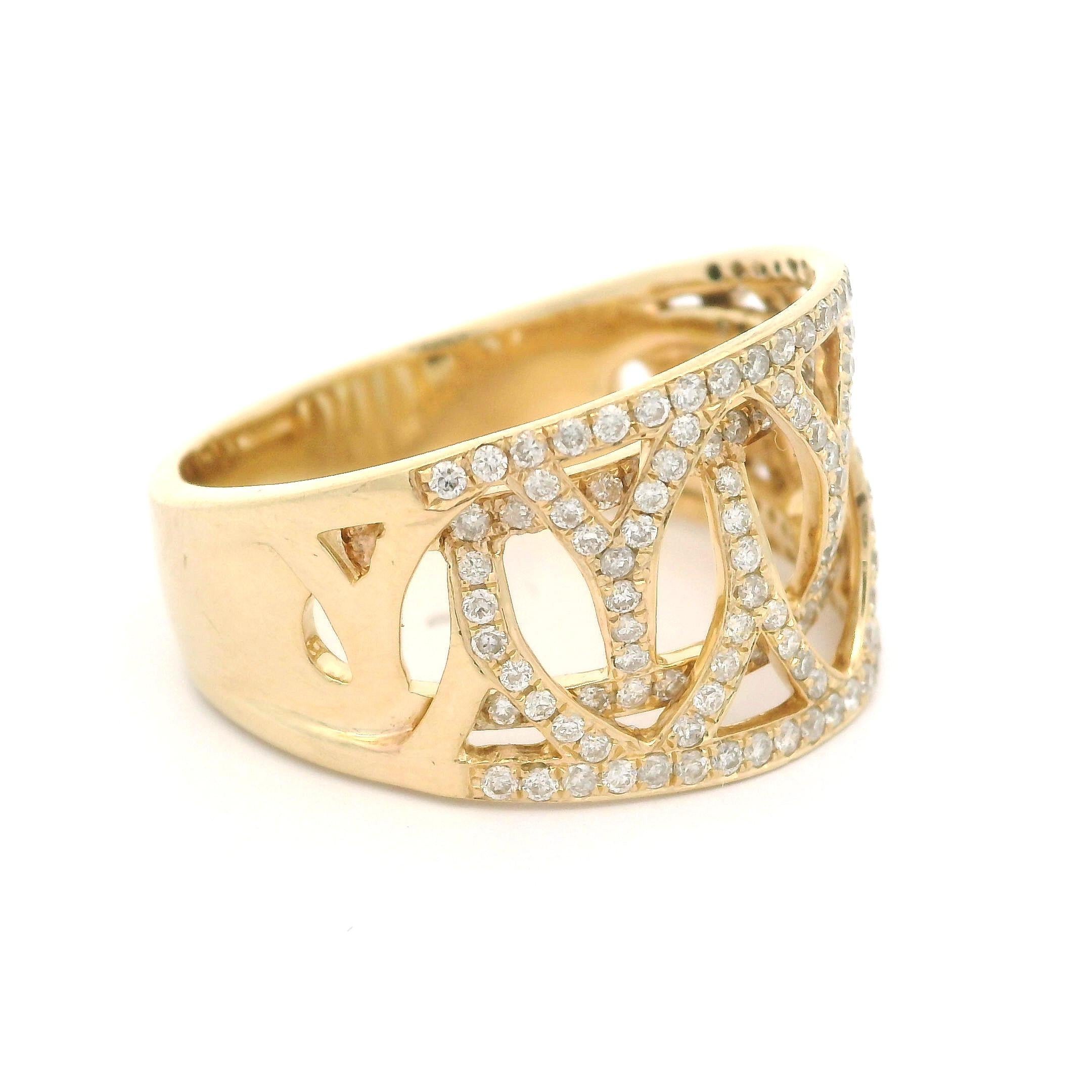 Elegant 14k Yellow Gold 1.10ctw Diamonds Wide Open Work Cigar Band Ring For Sale 6