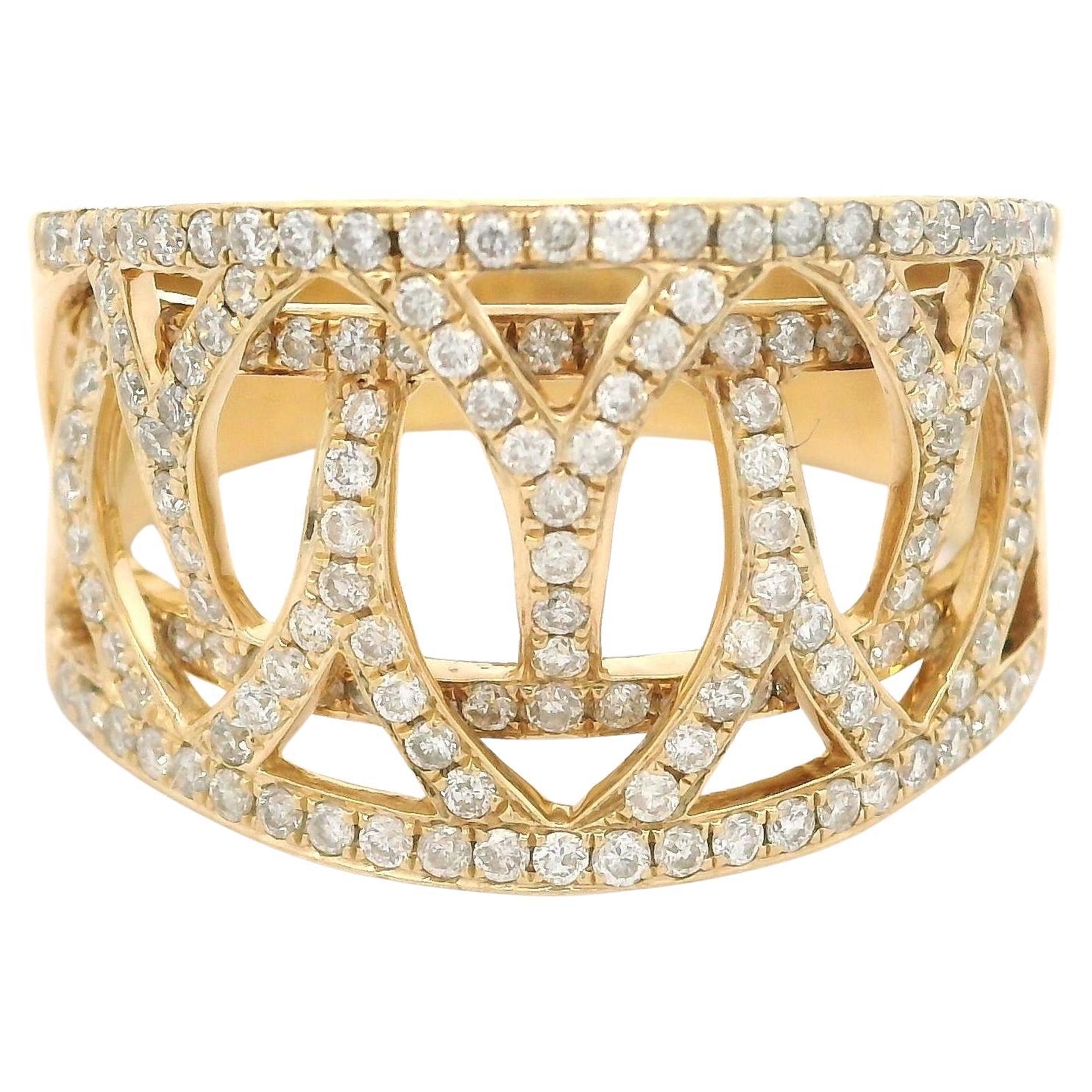 Elegant 14k Yellow Gold 1.10ctw Diamonds Wide Open Work Cigar Band Ring For Sale