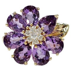 Elegant anneau en or jaune 14K à fleur d'améthyste avec diamants
