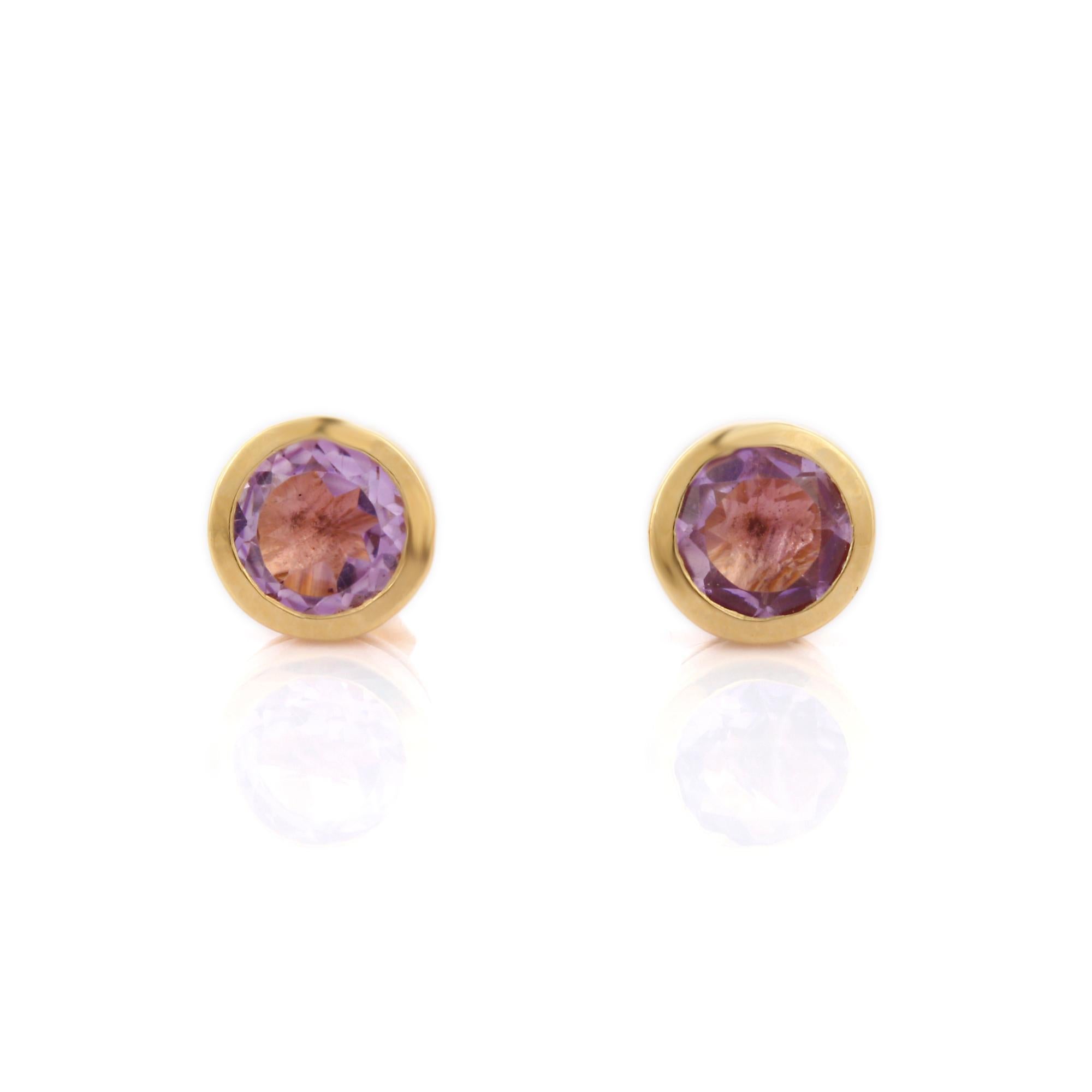 Women's Elegant 14K Yellow Gold Brilliant Round Cut Bezel Set Amethyst Studs for Her For Sale