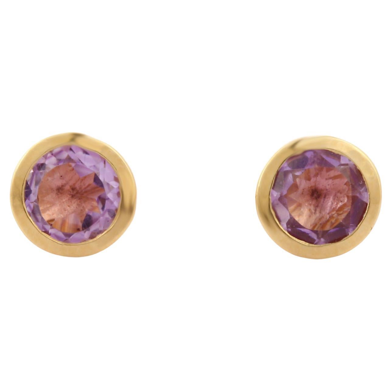 Elegant 14K Yellow Gold Brilliant Round Cut Bezel Set Amethyst Studs for Her For Sale