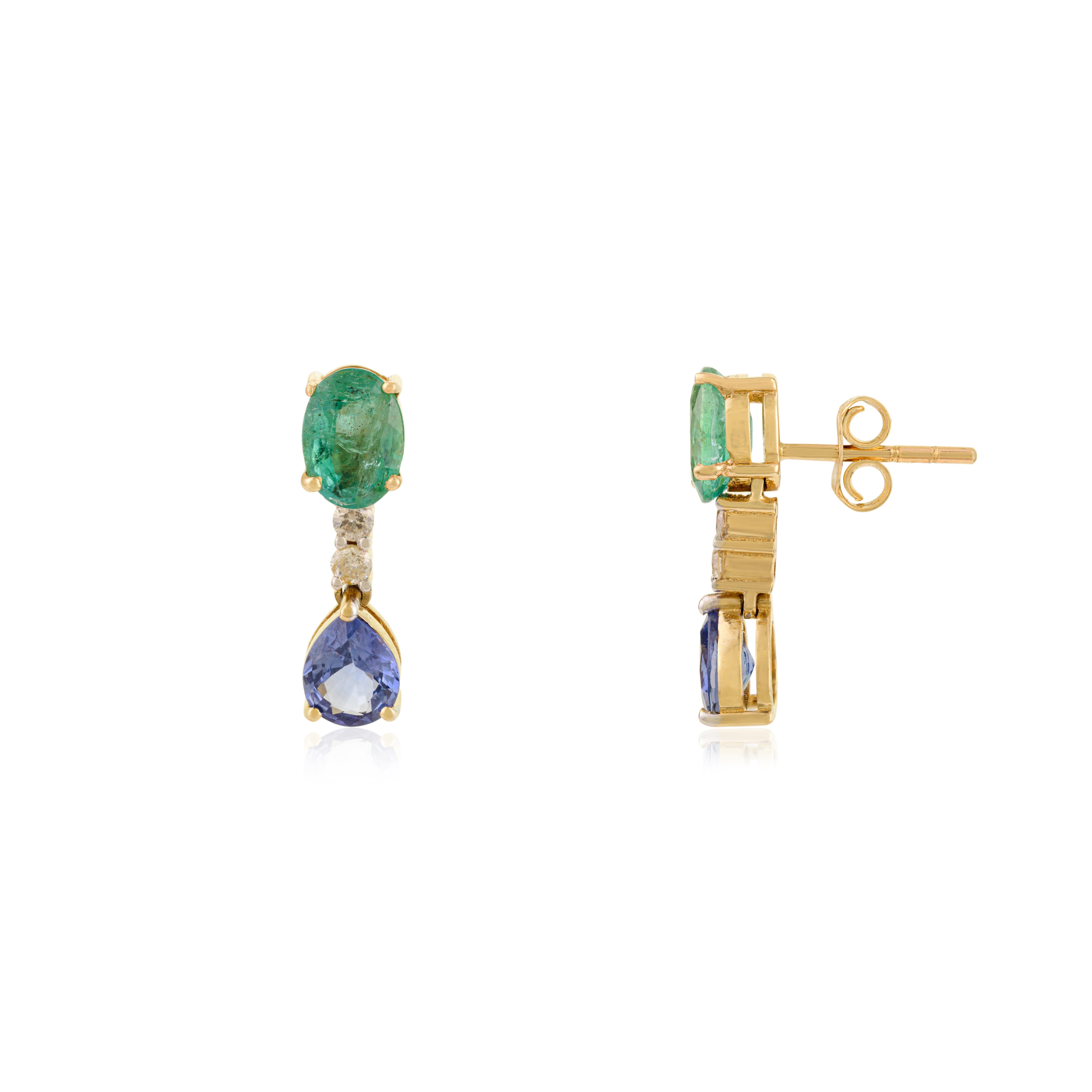 Eleganti orecchini a goccia in oro giallo 14k con zaffiro smeraldo certificato e diamante In condizioni Nuovo in vendita a New York, NY