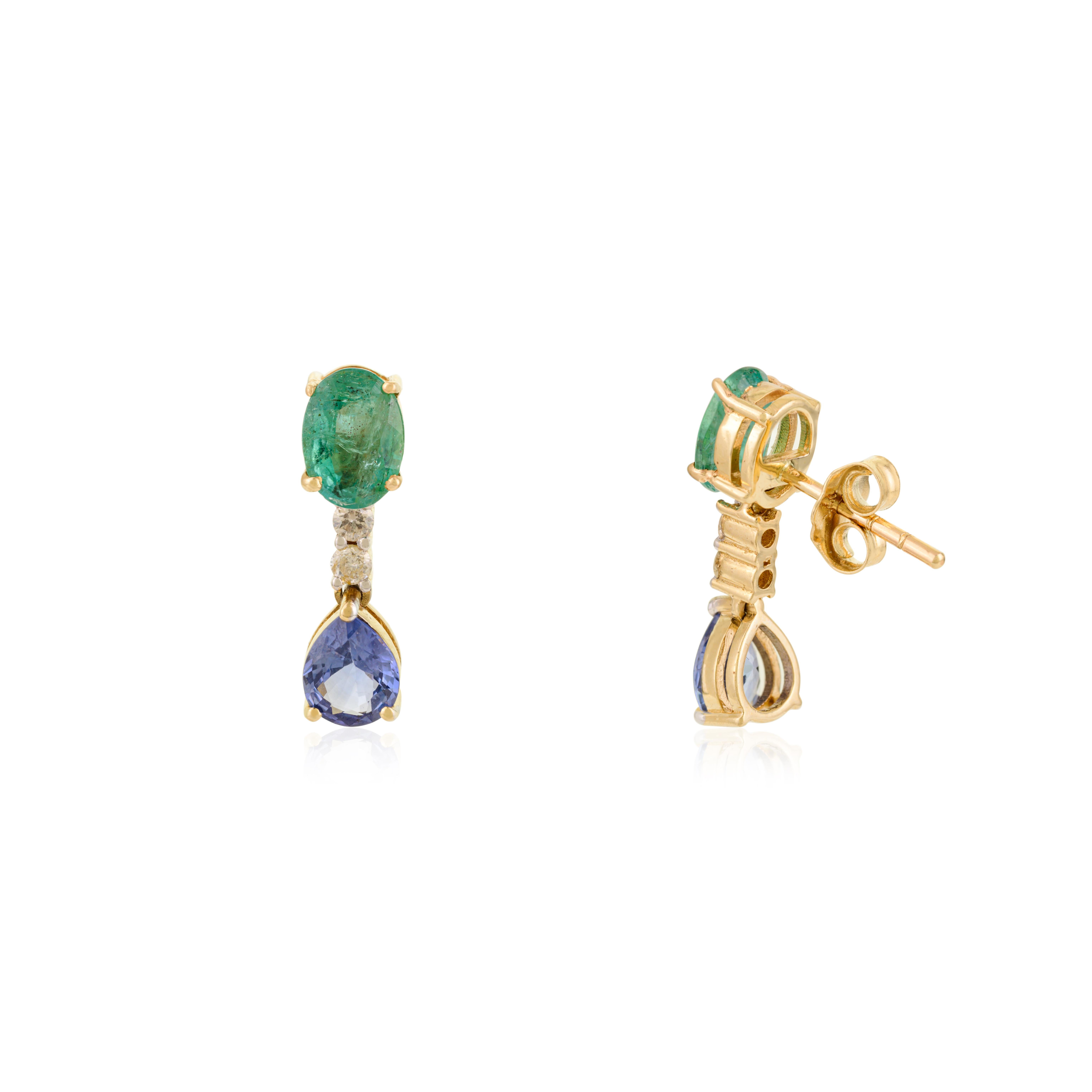Eleganti orecchini a goccia in oro giallo 14k con zaffiro smeraldo certificato e diamante in vendita 3