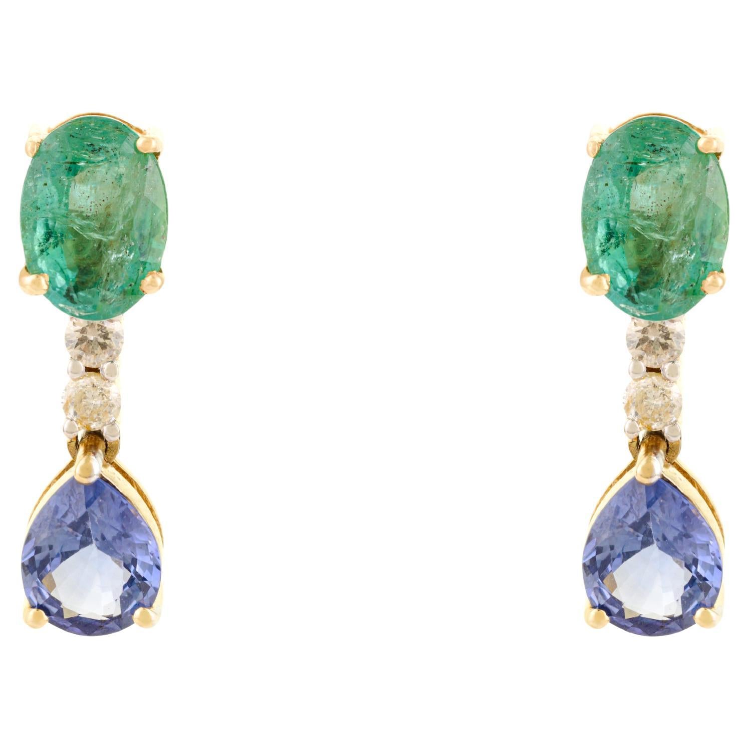 Eleganti orecchini a goccia in oro giallo 14k con zaffiro smeraldo certificato e diamante
