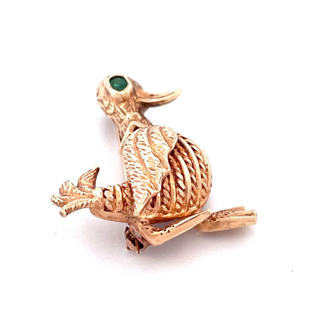 Emerald Cut Elegant 14k Yellow Gold Duck Brooch with Emerald Eyes For Sale