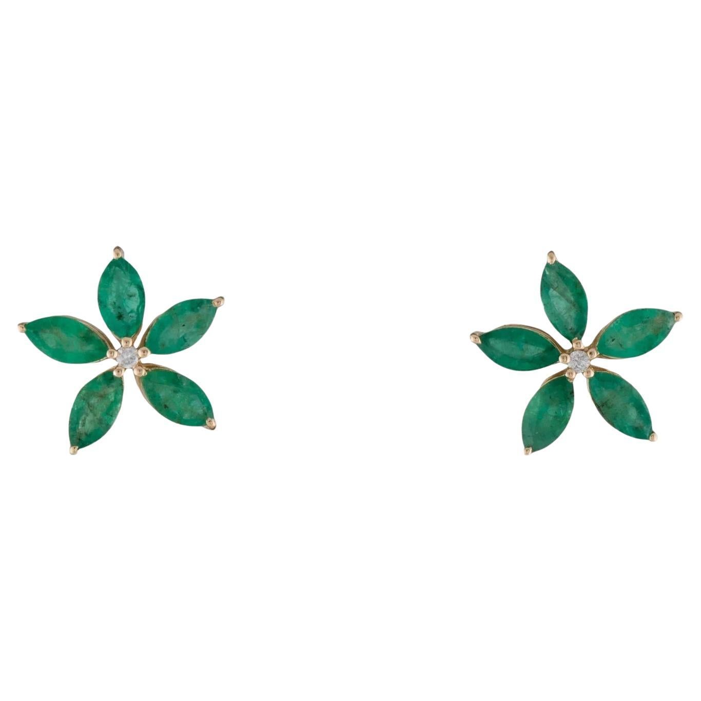 Elegant 14K Yellow Gold Emerald and Diamond Earrings For Sale
