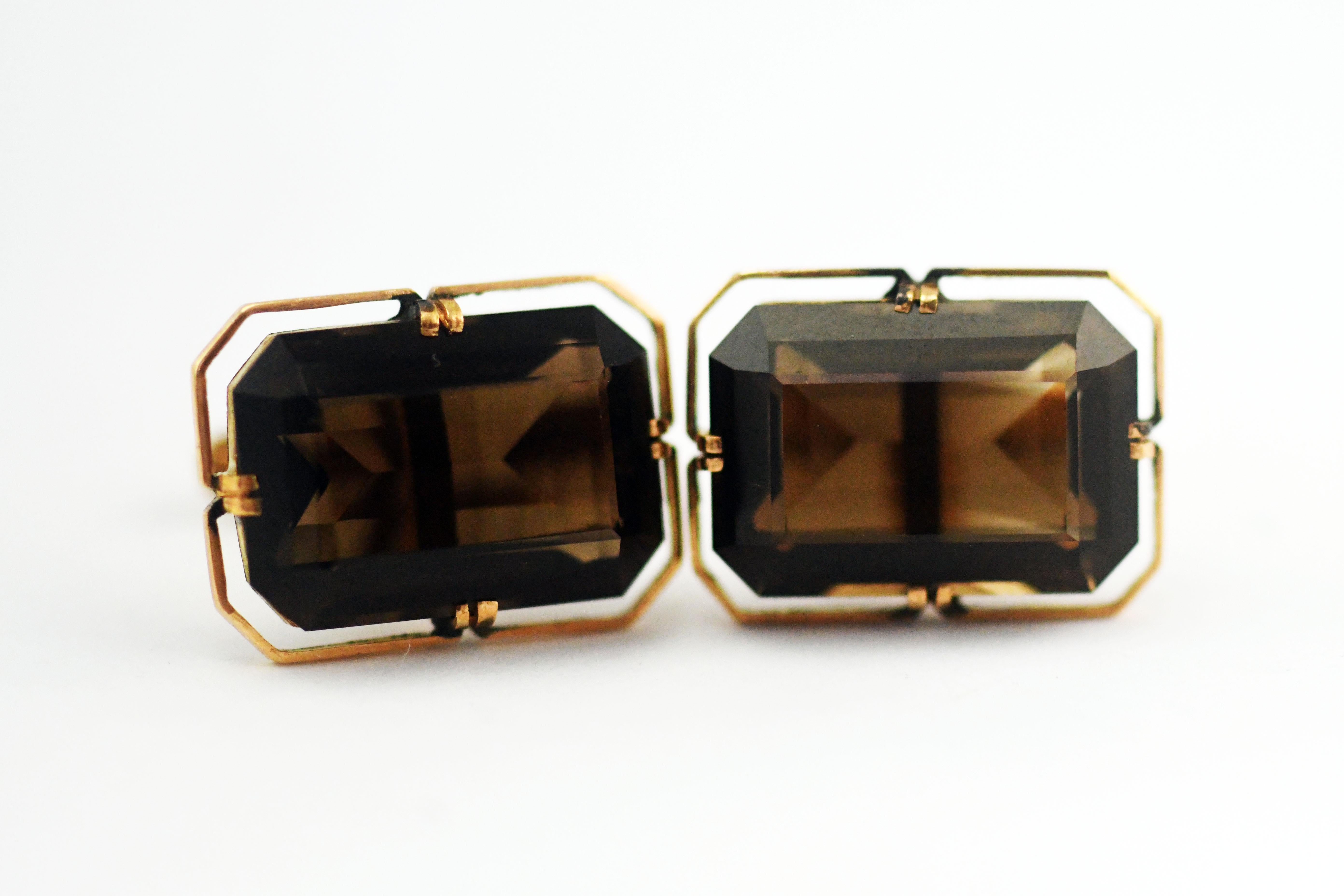 Elegant 14k Yellow Gold Emerald Cut Beautiful Smoky Quartz Cufflinks Vintage. 1 7/8