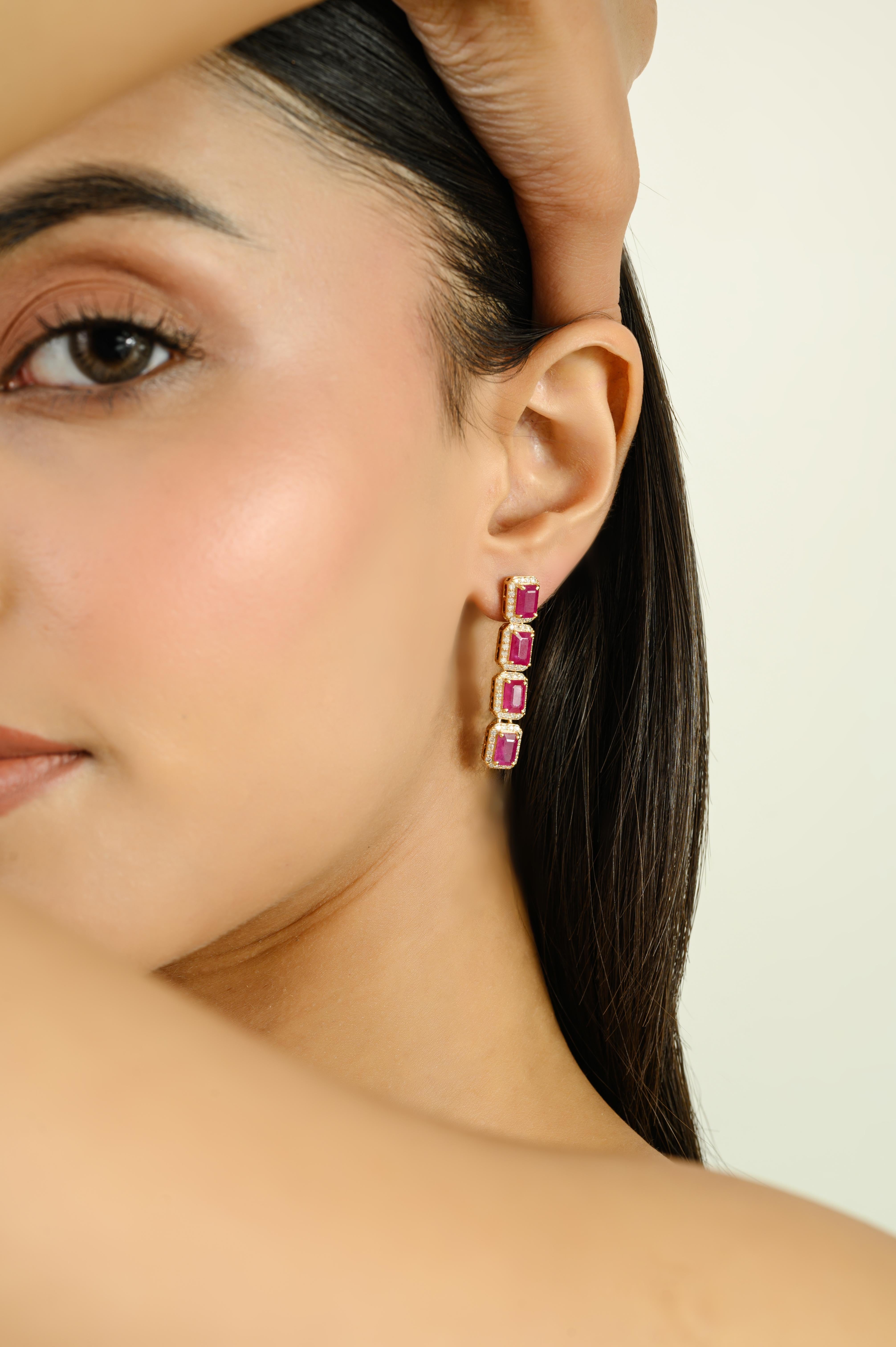 Octagon Cut Elegant 14k Yellow Gold Emerald-Cut Ruby and Diamond Halo Long Drop Earrings For Sale
