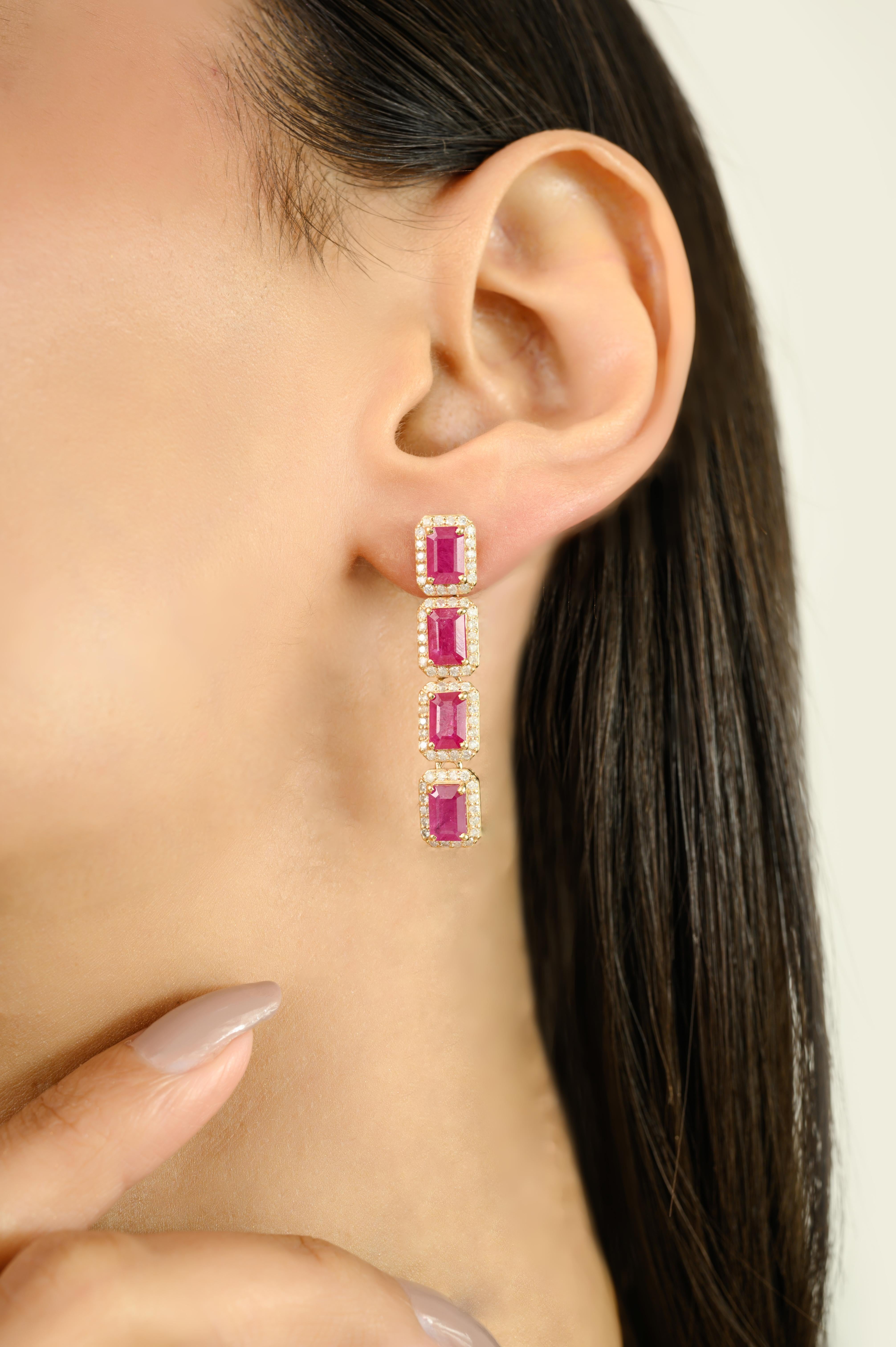 Women's Elegant 14k Yellow Gold Emerald-Cut Ruby and Diamond Halo Long Drop Earrings For Sale