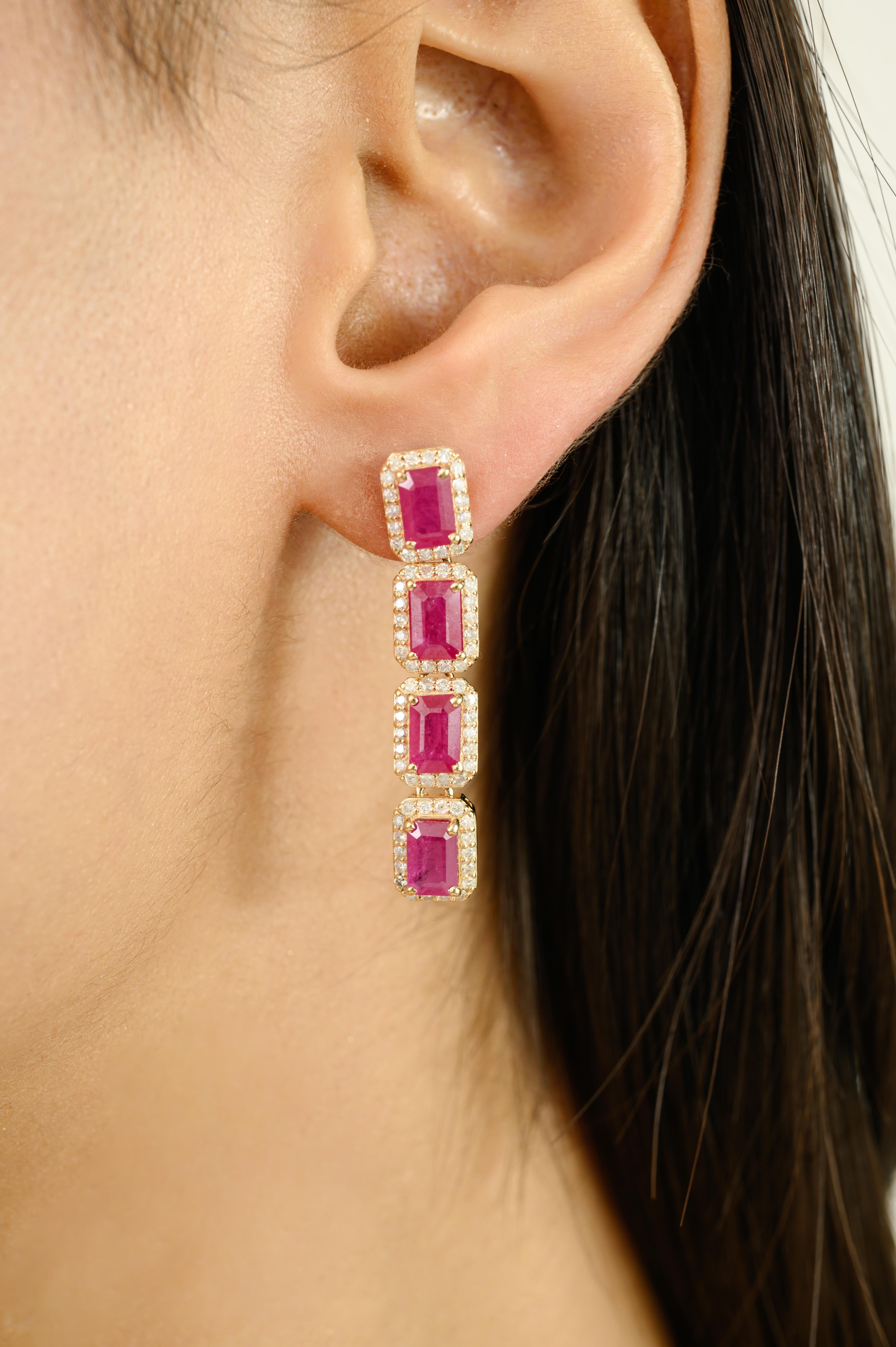 Elegant 14k Yellow Gold Emerald-Cut Ruby and Diamond Halo Long Drop Earrings For Sale 2