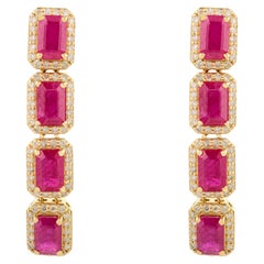 Elegant 14k Yellow Gold Emerald-Cut Ruby and Diamond Halo Long Drop Earrings