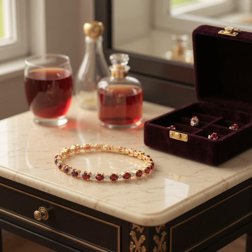 Taille ovale Élégant bracelet empilable vintage en or jaune 14 carats avec grenats et diamants en vente