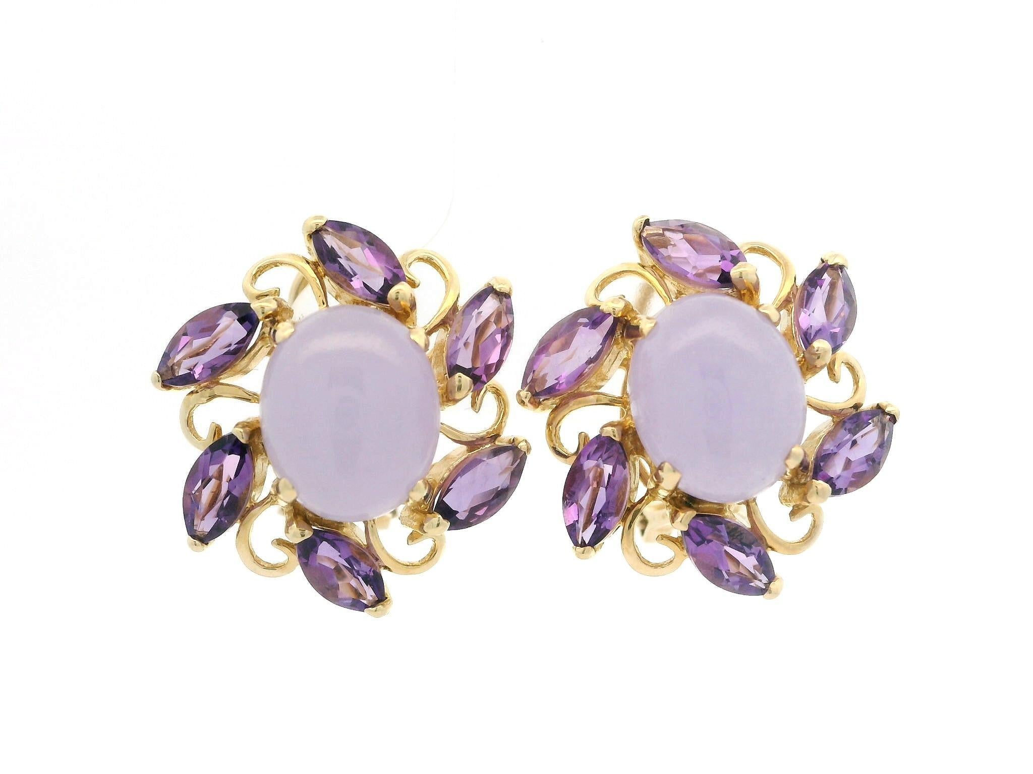 Cabochon Elegant 14k Yellow Gold Lavender Jade w/ Marquise Amethyst Halo Earrings For Sale