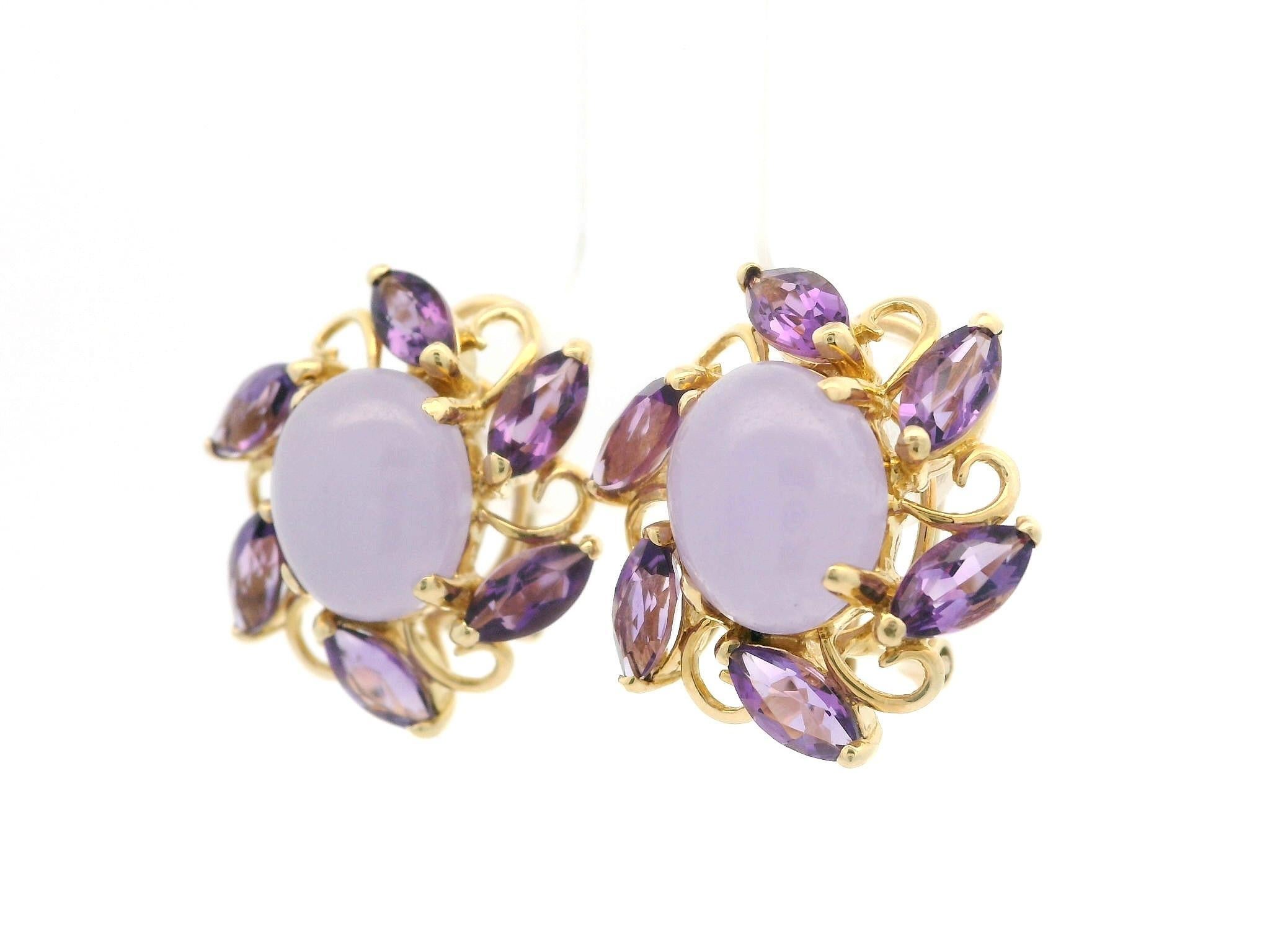 Women's Elegant 14k Yellow Gold Lavender Jade w/ Marquise Amethyst Halo Earrings For Sale